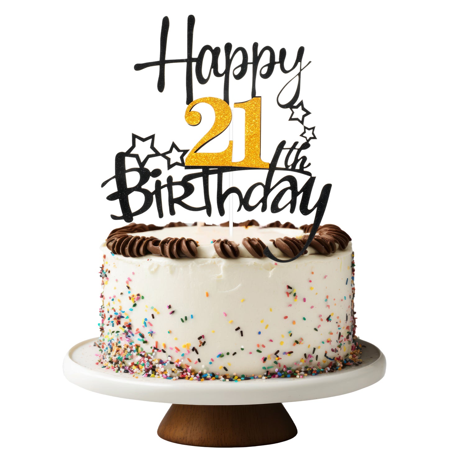 1PCS Happy 21th Birthday Cake Toppers, Glitter 21 Cake Decorations, 21th Birthday Cakes Toppers for Men and Women Themed Party Black and Gold