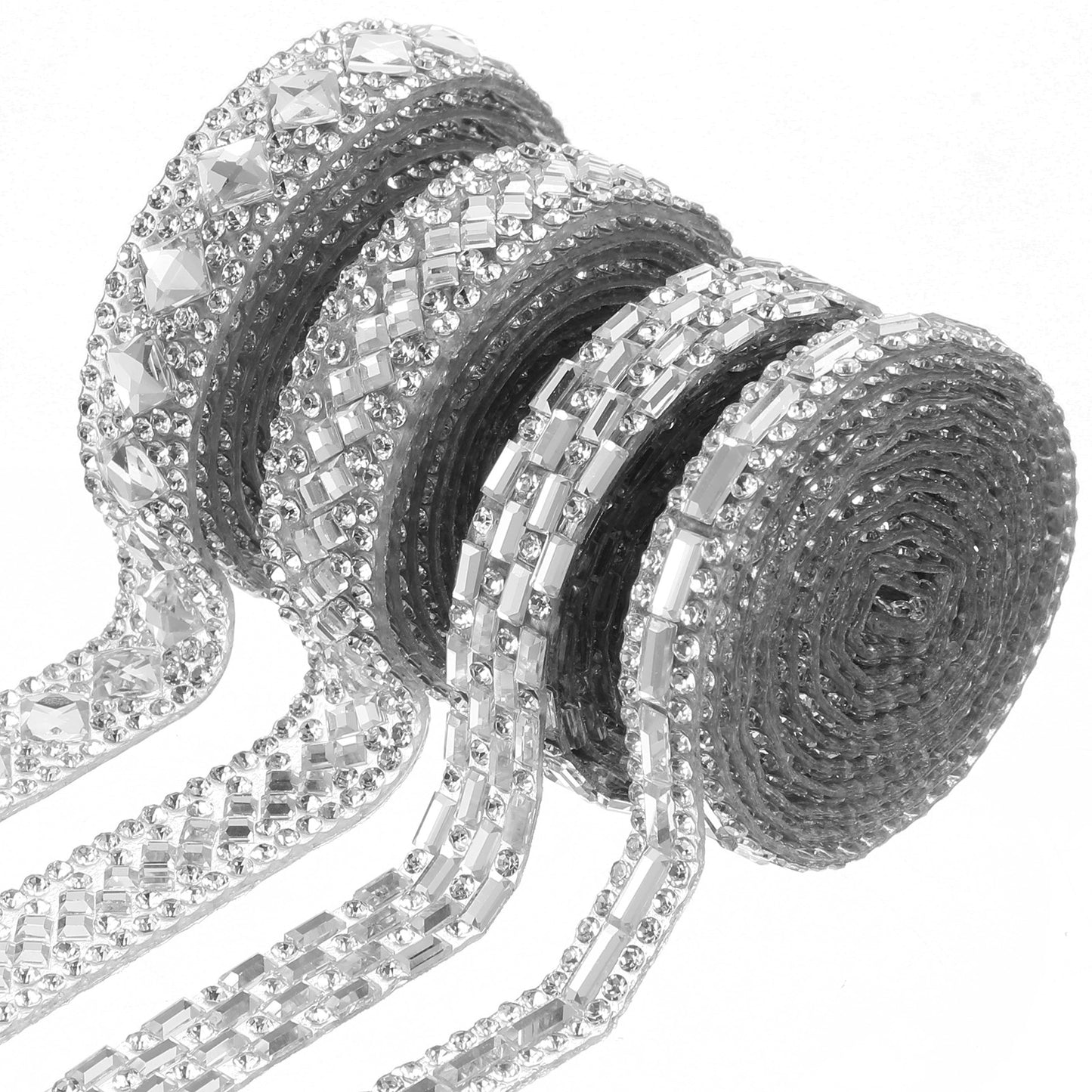 1 Yards Self Adhesive Rhinestone Ribbons, 4 Styles Rhinestone Diamond Roll Bling Ribbon, Diamond Ribbon Wrap Roll, DIY Bling Stickers for Wedding Clothing Cars Crafts Dress Decoration (Silver)