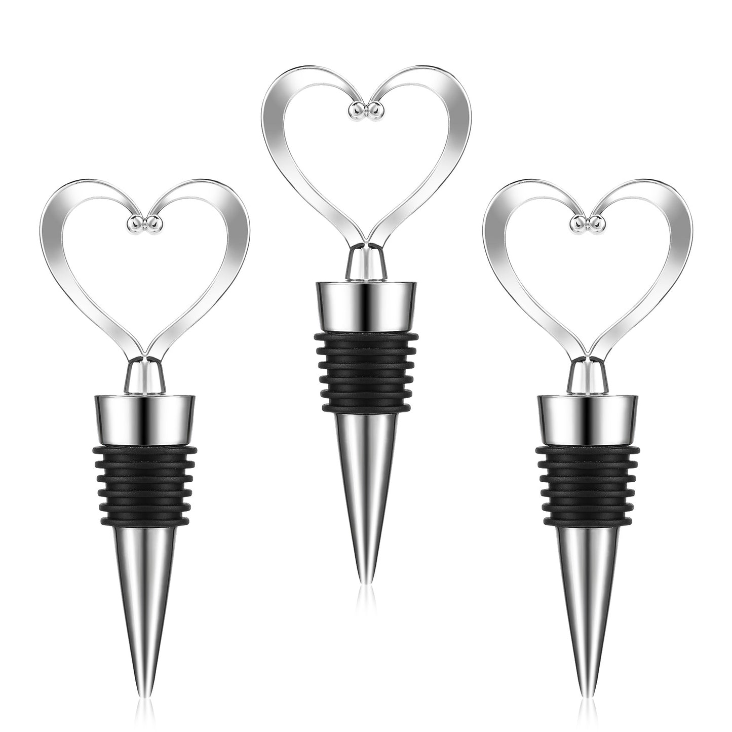 3PCS Heart Wine Stoppers, Cute Wine Stoppers Silver Heart Shaped Decoration Reusable, Keep Wine, Champagne, Beer Fresh, Suitable for Weddings, Bars, Kitchens