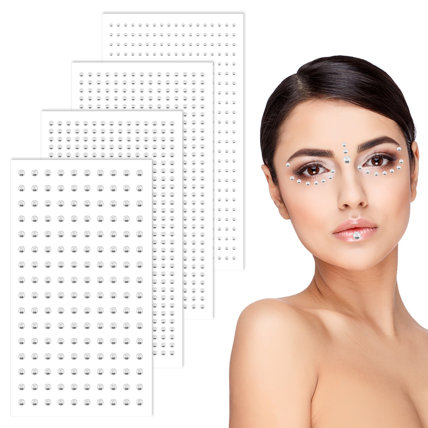 Ouligay 4 Sheets Face Rhinestones Stick on,Self Adhesive Face Stickers Jewels,Rhinestones for Face,Face Gems for Women,Mini Diamond Gems Sticker for Nose, Eyes, Face Gems Festival Makeup(2,2.5,3mm)
