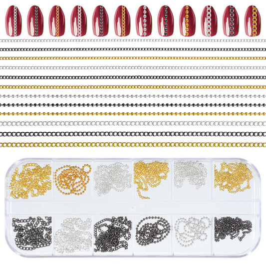 12 PCS Metal Nail Art Chains, Gold Silver Black Nail Chains with Box, 3D Decorations Charms Personality Nails Jewelry Design Ornaments for DIY Manicure and Nails Design