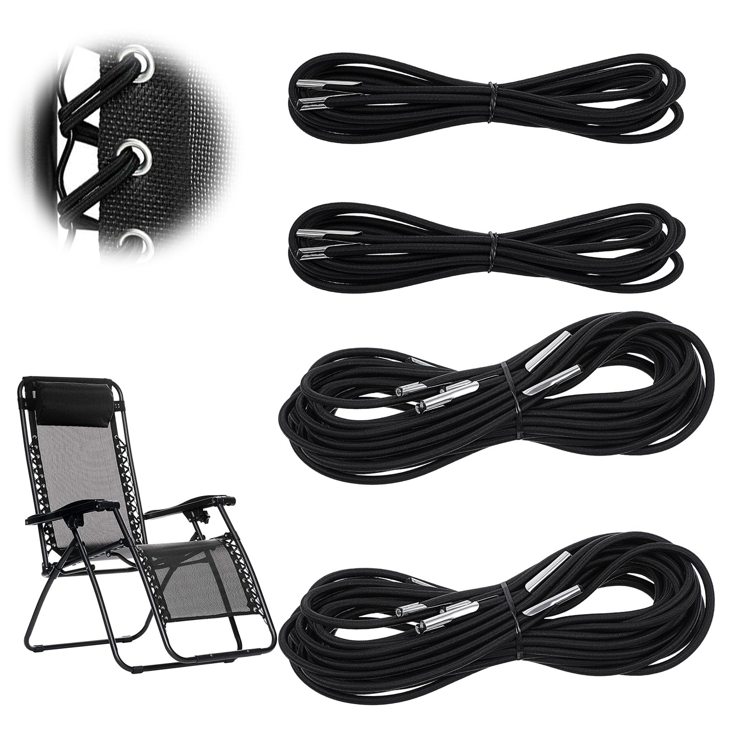 4 Pack Gravity Chair Replacement Cord, Zero Gravity Chair Replacement Cord Laces Webbing Repair Elastic Bungee Cords for Zero Gravity Chairs, Recliners, Outdoor Loungers, Patio Chairs (Black)