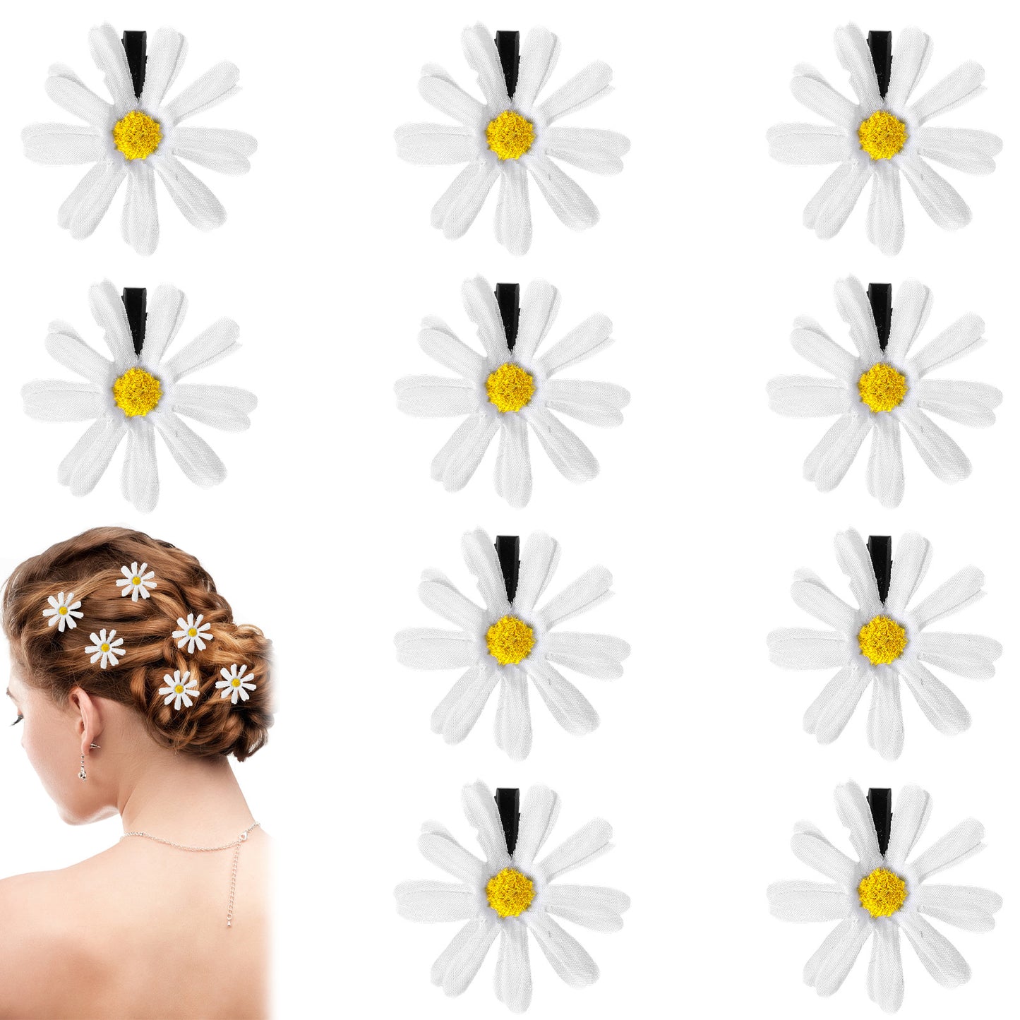 Nogeqi 10 Pcs Daisy Hair Clips for Women,White Flower Hair Clips, Sweet Daisy Flowers Hair Accessories for Women Braid Hair Decoration Spring Summer Beach Party Wedding Bridal Shower Hair Accessories