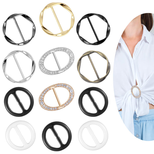12 Pcs T-Shirt Tie Clips for Women Silk Scarf Ring Clip Clothes Corner Knotted Button Fashion Alloy Round Clasp Circle Clip Buckle Oval Clothing Wrap Holder Shirt Waist Cincher Clips Tightener
