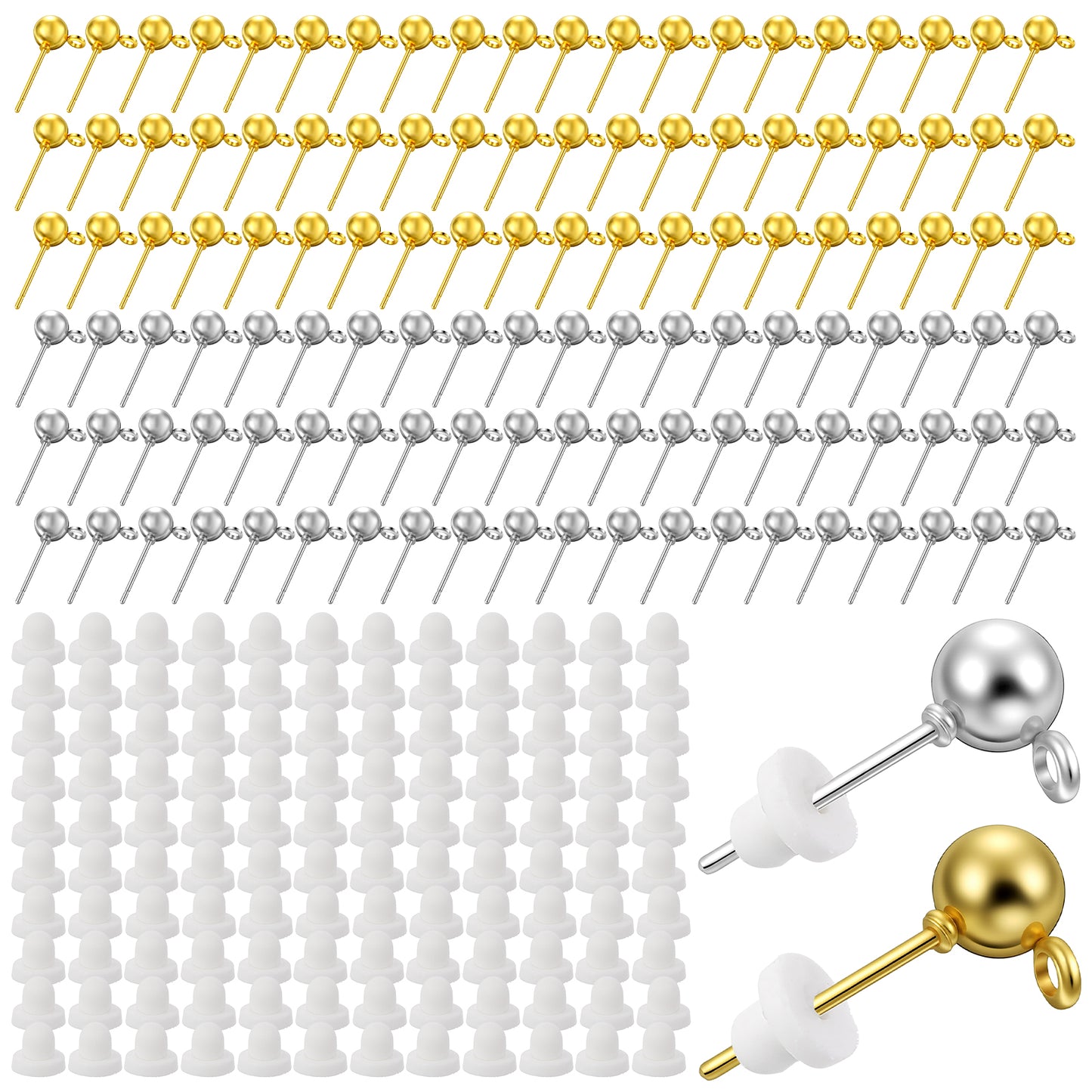 Xindojuz 120 PCS Ball Earring Posts for Jewelry Making, Round Ball Studs Earring Findings Studs with Loop and 200Pcs Clear Earrings Backs for DIY Jewelry Making Findings Supplies (Silver & Gold)