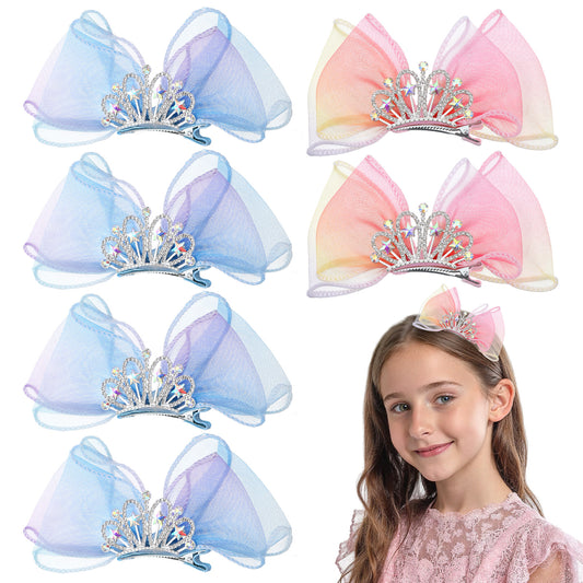 Ymapinc 2Pcs Crown Bow Hair Clip, Princess Crown Hairpin Accessories, Birthday Bow Bling Hair Clip, Cute Pink+Yellow and Purple Mesh