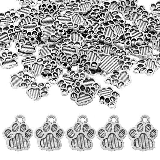 Ymapinc 100Pcs Metal Dog Paw Charms, Keychain Animal Footprint Pendant for Jewelry Craft Making DIY Bracelets Earrings Puppy Charms(Silver, Zinc Alloy)
