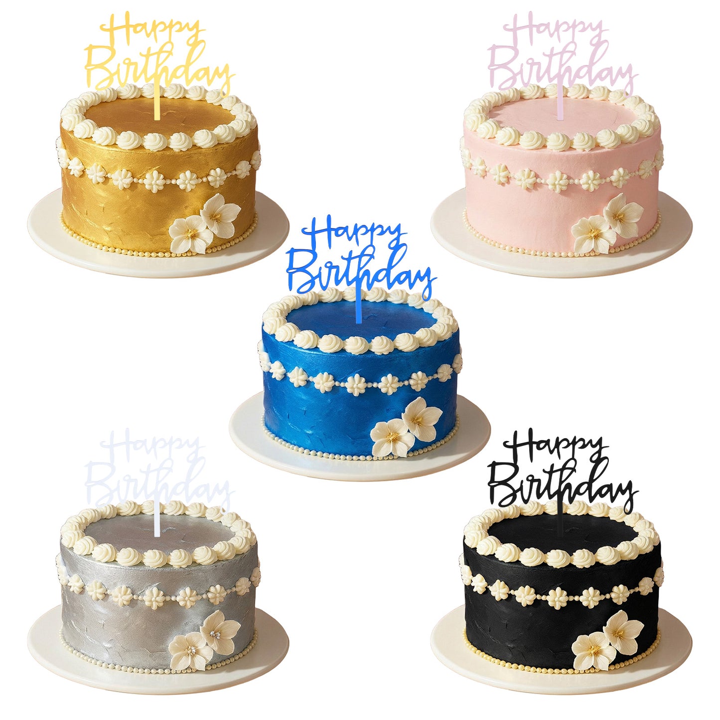 Nogeqi 5PCS Acrylic Happy Birthday Cake Topper, Happy Birthday Cake Decorations Sign for Party Desserts Decoration (Gold, Silver, Black, Pink, Royal Blue)