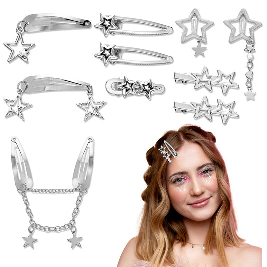 Ymapinc 10Pcs Silver Star Hair Clips,8shapes Celestial Hair Accessories Metal Barrettes 2000s Metal Snap Barrettes for Women and Girls Styling Star Hairpin