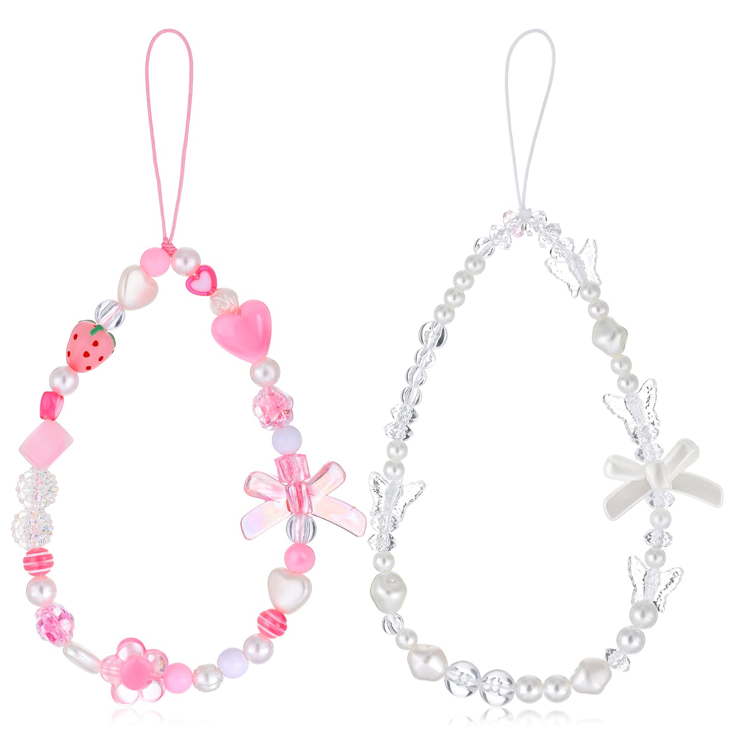 Mabor 2Pcs Bow Phone Charm Wrist Strap, Pink Strawberry Cellphone Case Charm Strap, Aesthetic Beaded Lanyard Wrist Straps, Y2K String for Bag Camera Decoration Accessories