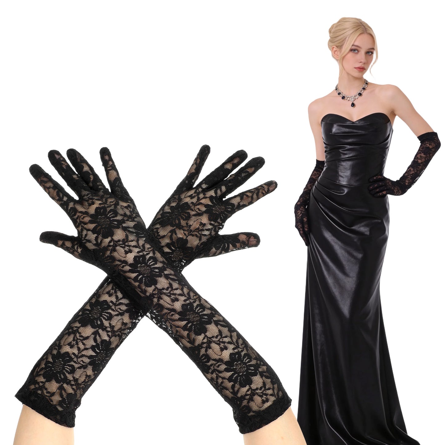 1 Pairs Long Black Lace Gloves for Women, Tea Party Gloves Opera Princess Lace Glove for Cocktail Dance Party 16.93in