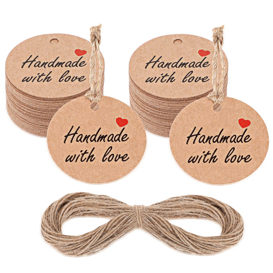 Ymapinc 100Pcs Handmade with Love Tags, Craft Tags Cardboard Gift String(66ft 20m) Love Stamp for Candle Labels Wedding Birthday Party Gift Favors(Yellow Kraft Paper & Hemp Rope)