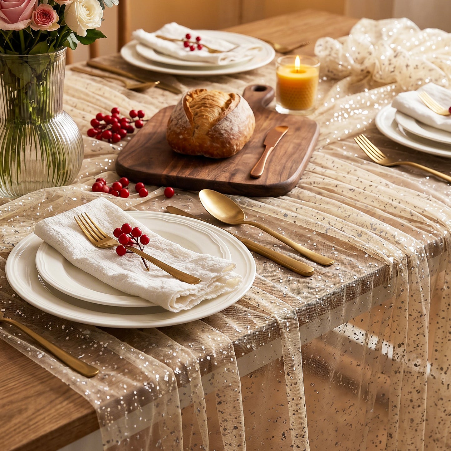 Sorcristy Black Gold Galaxy Star Tablecloth, 300 x 70 cm Rectangular Sheer Tulle Cheesecloth, Shimmer Metallic Foil Sequin Table Cover for Wedding, Birthday and Space Party(Beige Gold)