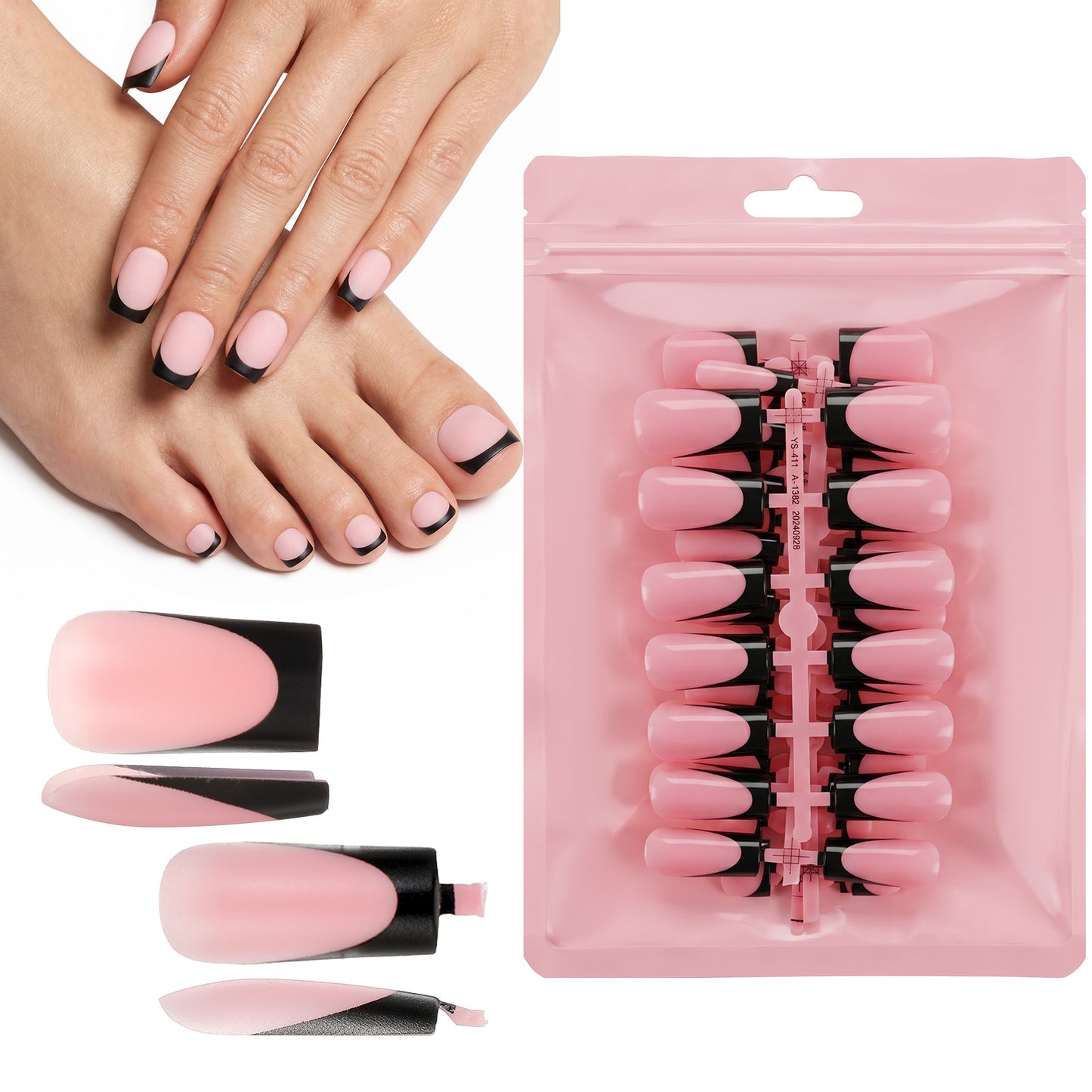 Ouligay 60PCS Black French Tips Press on Nails and Press on Toenails for Women, Square Medium Frosted Full Cover Fake Toe Nails, 15 Sizes Acrylic Nails Kit for DIY Home Manicure