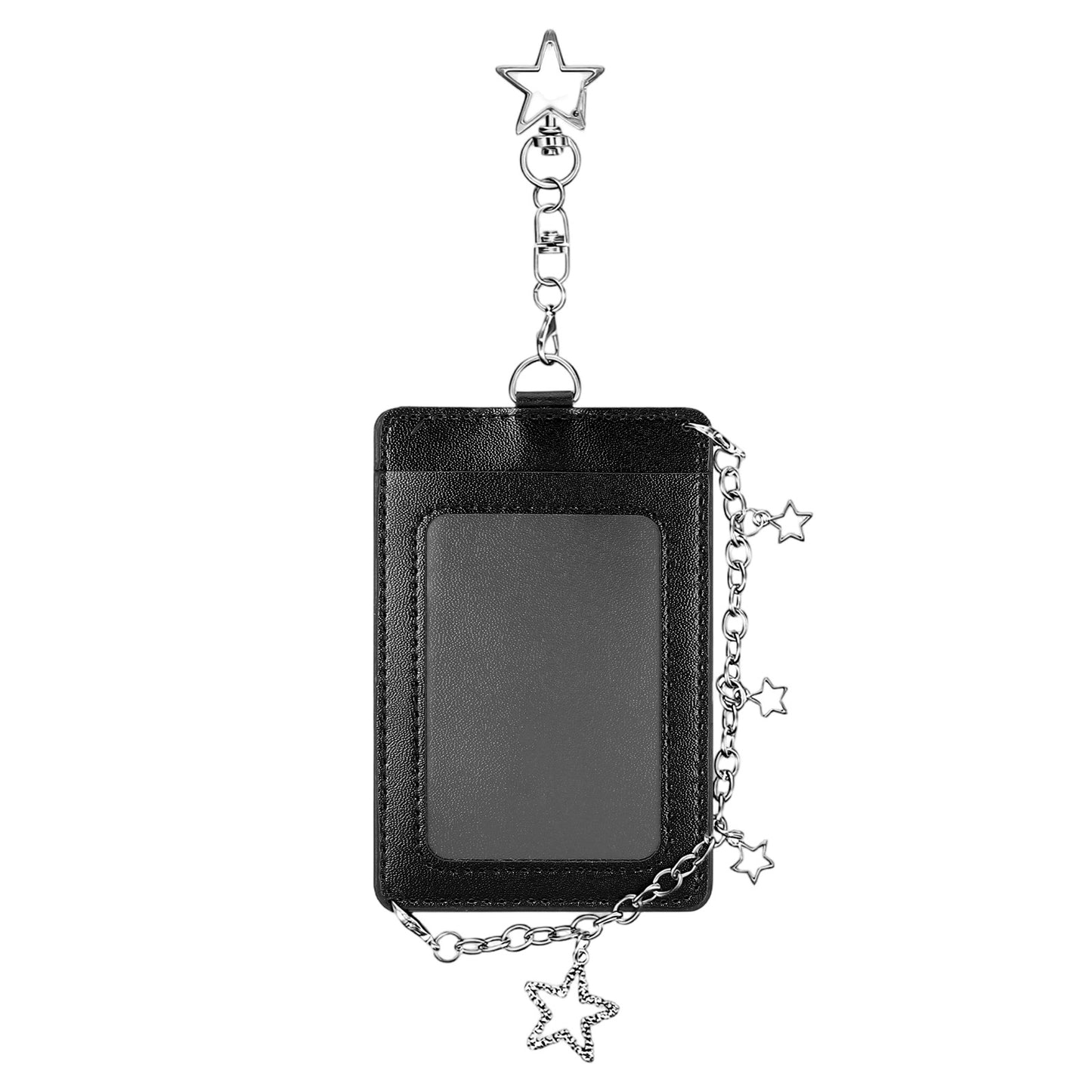 Bremorou Photocard Holder Keychain PU Leather Hard Protective Card Case With Star Charms Photo Card Holder For Id Badge Fans Concert Daily Use Lover Black