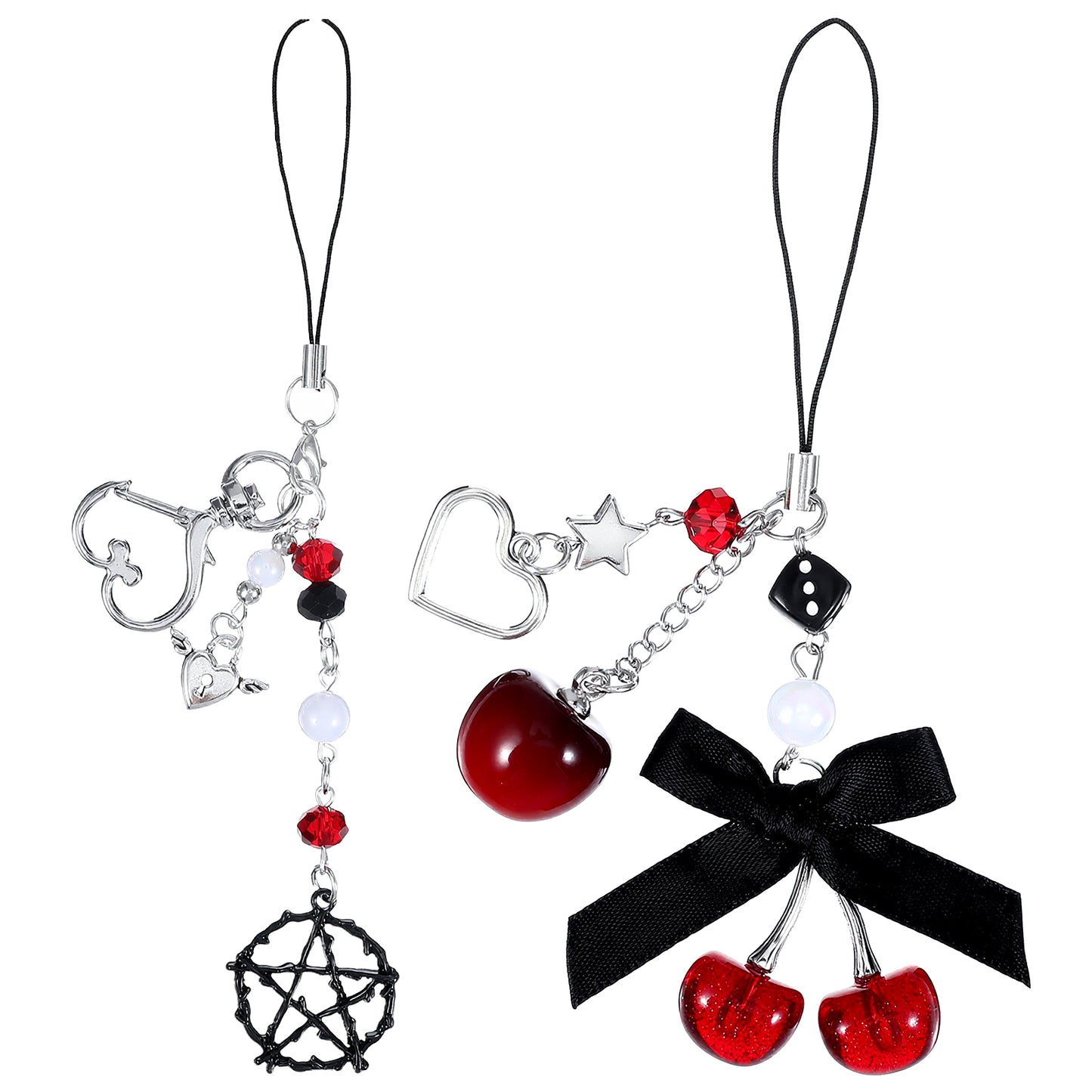 Ymapinc 2pcs Aesthetic Bow&Cherry Charm, Cute StarBow Cherry Keychain Set, Purse Charms, Kawaii Bow Keychains Wristlet, Y2K Cute Purse Charms for Tote Bag, Car Charm & Craft Decor Accessories