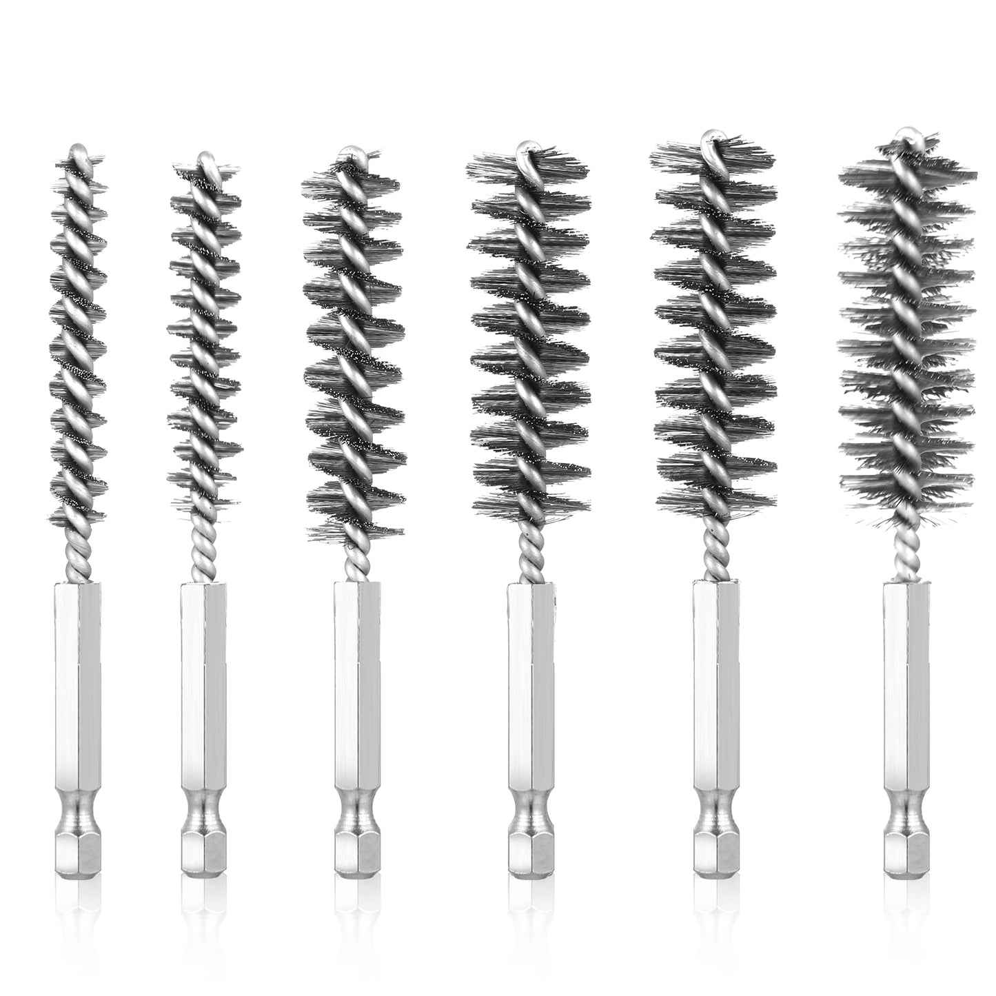 6 Sizes Bore Brush for Drill Stainless Steel Round Wire Brush Bore Drill Attachments Cleaning Scrub Set for Power Abrasive Wire Scrub with 1/4 Inch Hex Shank for Rust and Tube Cleaning