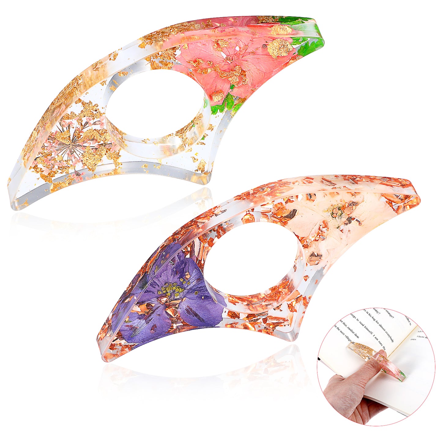 Tyqour 2 Pack Resin Dried Flower Page Holder for Thumb Book Holder Thumb, Thumb Page Holder for Readers Book Lovers Bookworm Bookmarks Book Reading Accessories