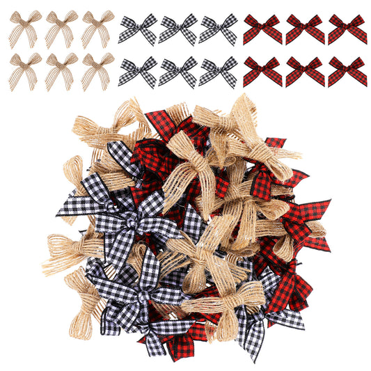 Xinjoduz 60 PCS Christmas Mini Bows, Burlap Bows Christmas Bows of Buffalo Plaid Natural Gingham Ribbon Bowknots for Christmas Tree Wreath DIY Crafts Home Wedding Decorations(Black White, Black Red, K