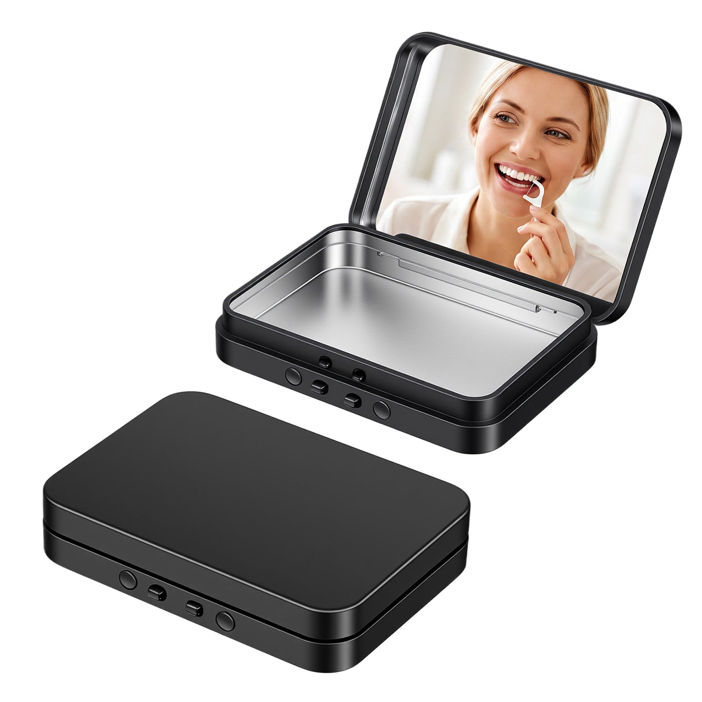 2 Pack Dental Floss Case with Mirror Portable Floss Pick Holder Refillable Small Floss Dispenser Metal Compact for Toothpicks Pills Small Items Travel Dates Dinners Hotels (Black)