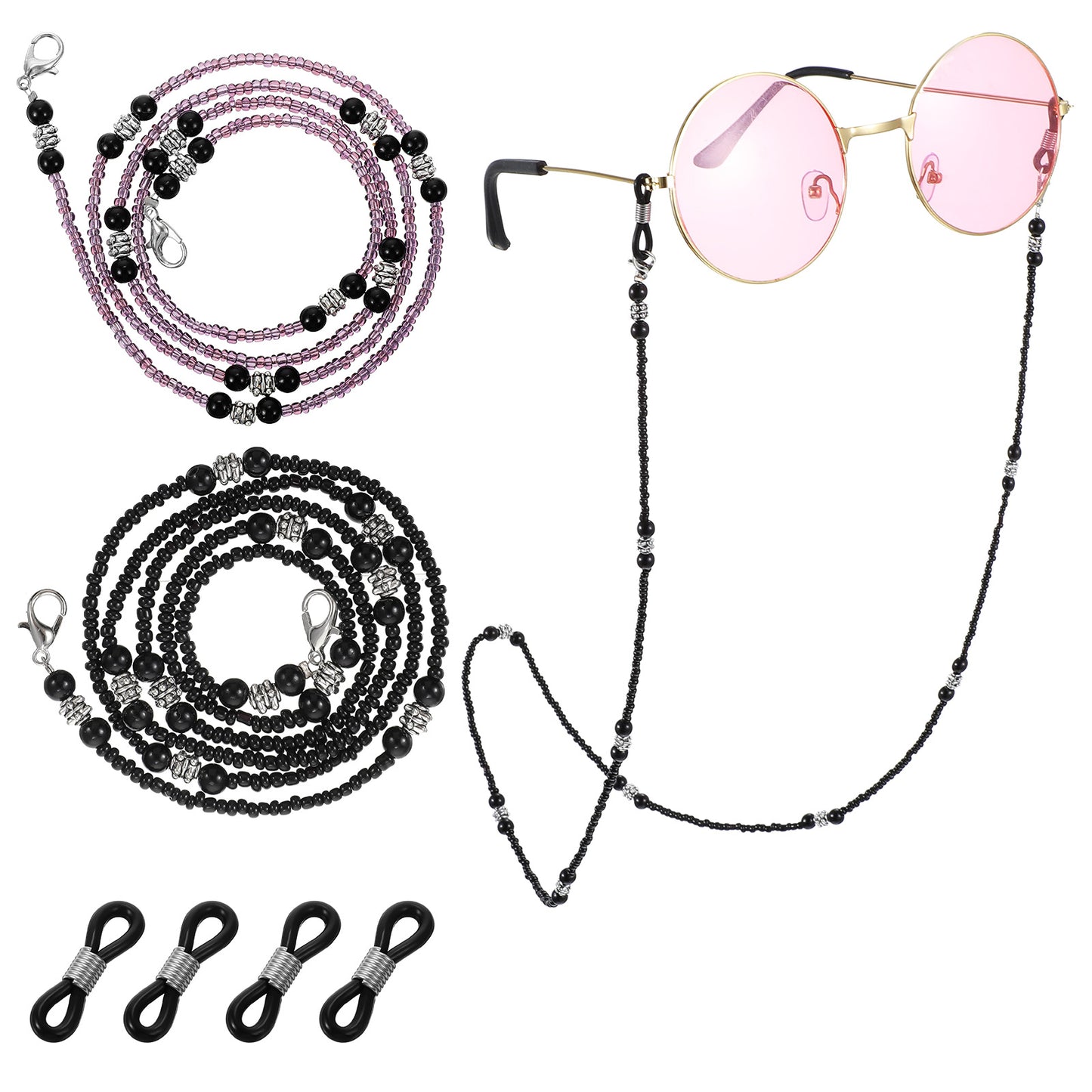 Ymapinc 2pcs Beaded Glasses Chains for Women, Sunglasses Strap & Chain, Stylish Glasses Lanyard, Women's Eyeglasses String Around Neck(Black, Purple)