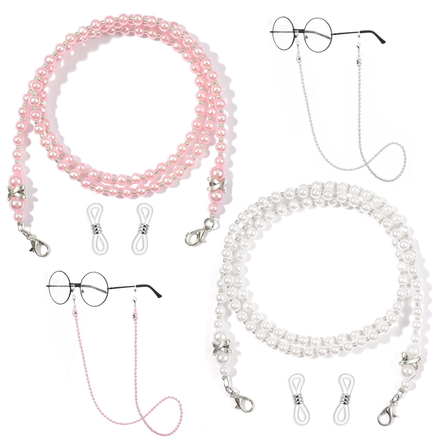 RAHHLIZS 2Pcs Pearl Glasses Chain Eyeglass Chains for Women Stylish Eye Glass Chain Beaded Eyeglass Chains Sunglasses Strap Eyeglasses Eyewear Necklace Holder for Women Old Lady (White Pink)