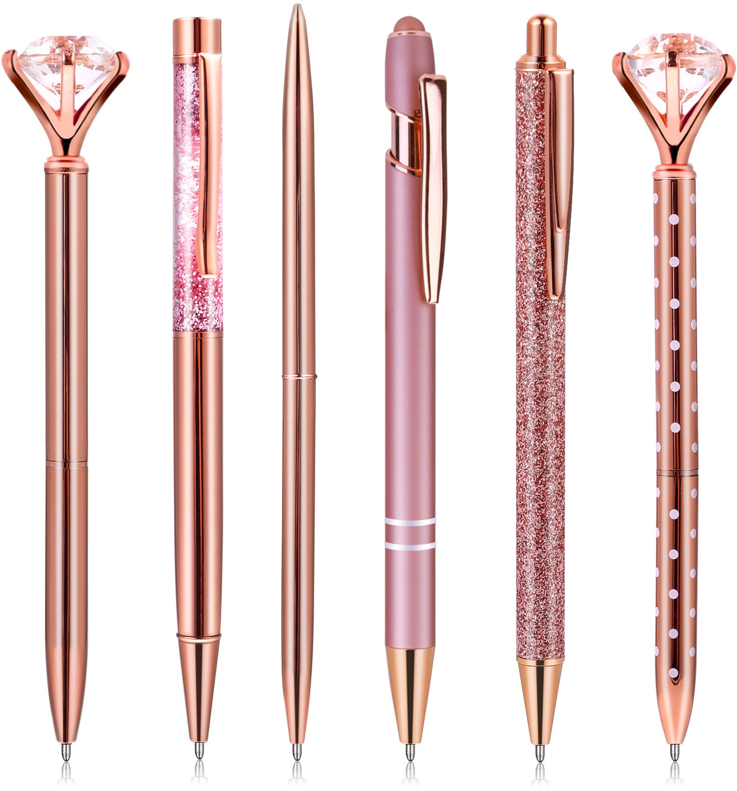 6 PCS Rose Gold Ballpoint Pen Set, Metal Rose Gold Glitter Pens with Crystal Diamond Black Ink Dynamic Liquid Pen Gifts for Office, School, Wedding Gifts