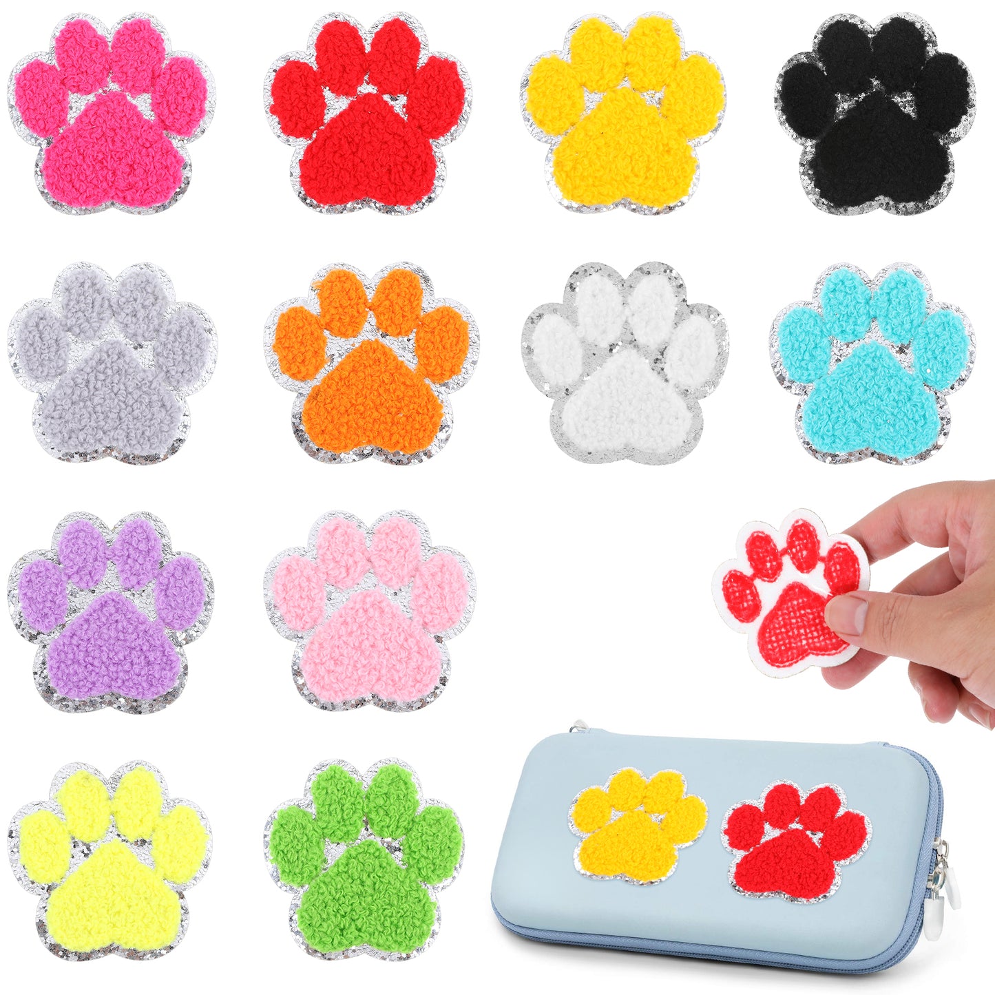 Tyqour 12Pcs Paw Print Patch 2.44 x 2.32inch Chenille Patches Iron On Dog Cat Paw Print Iron On Patch Footprint Embroidery Appliques Sticker Patches for Clothing Jeans Dress Backpacks Hats Bags