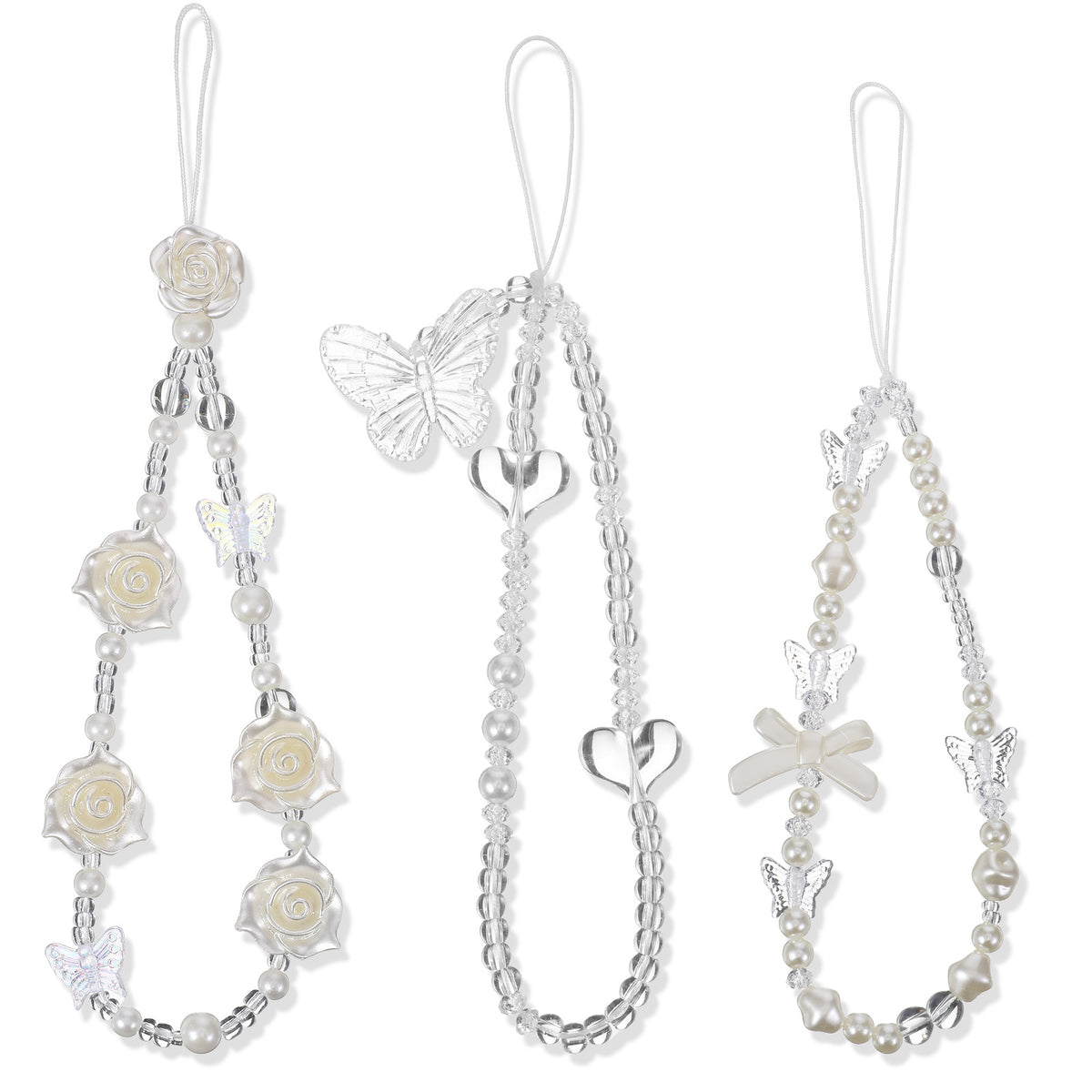 Bnehmb 3 PCS Beaded Phone Strap Y2k Pearl Bow Butterfly Camera Strap Wrist