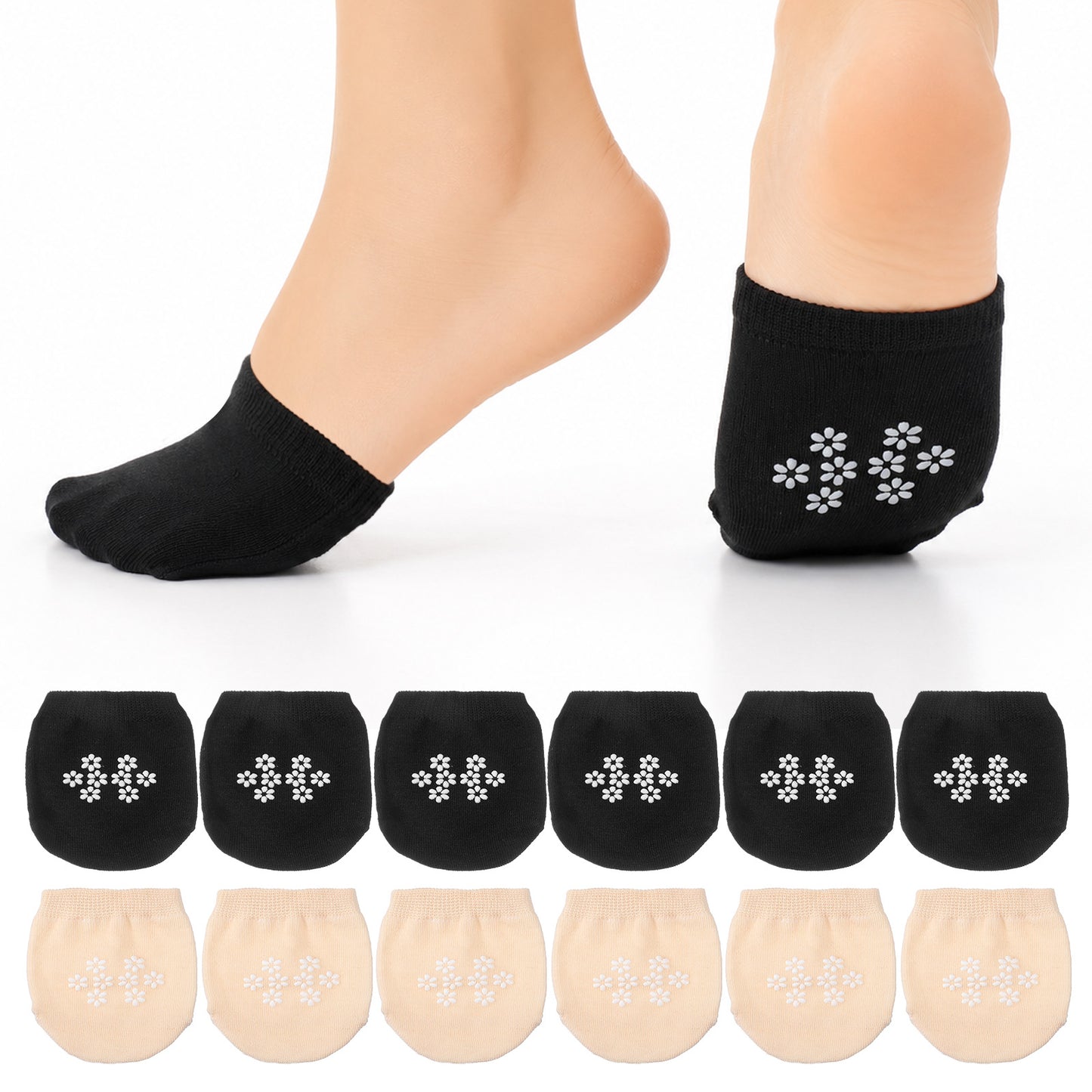Xindojuz 6 Pairs Black & Nude Toe Topper No Show Half Socks for Women Girls