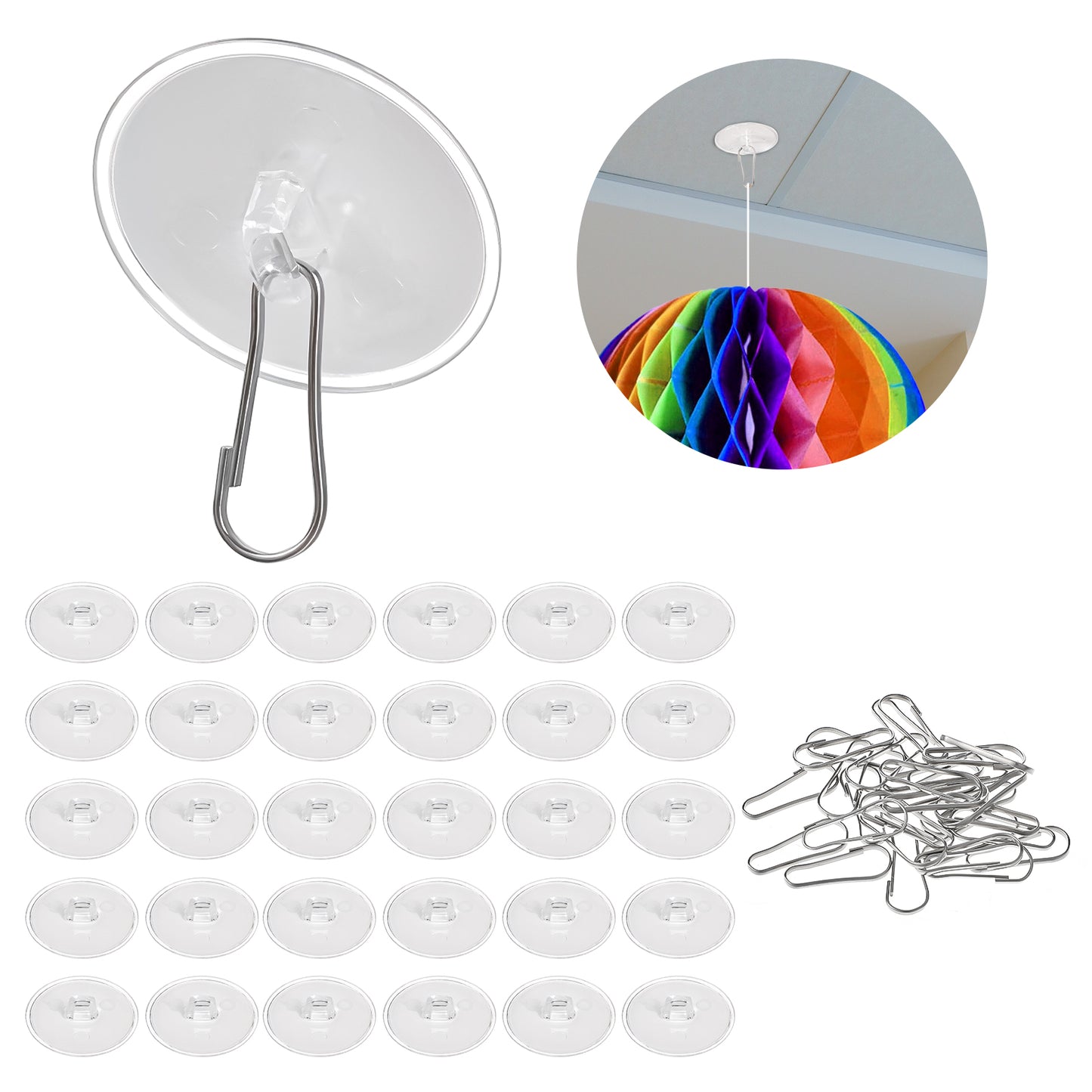 30 Pack Adhesive Ceiling Hooks, Small Adhesive Hooks, Small Sticker Disc Hanger Sticky Ceiling Hooks, Removable Hooks, No-Drill Clear Mini Hook for Festival Wedding Birthday Party Christmas Decoration