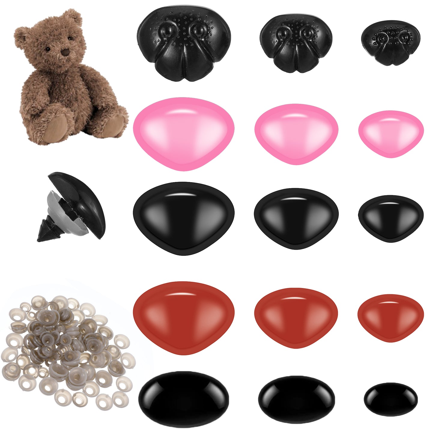 150PCS Safety Noses for Amigurumi Crochet Animals, Stuffed Animal Plastic Safety Nose, Pink Brown Crochet Flocking Toy Noses with Washers for Craft Doll Puppet Plush Toy Bear Accessories(3 Color)