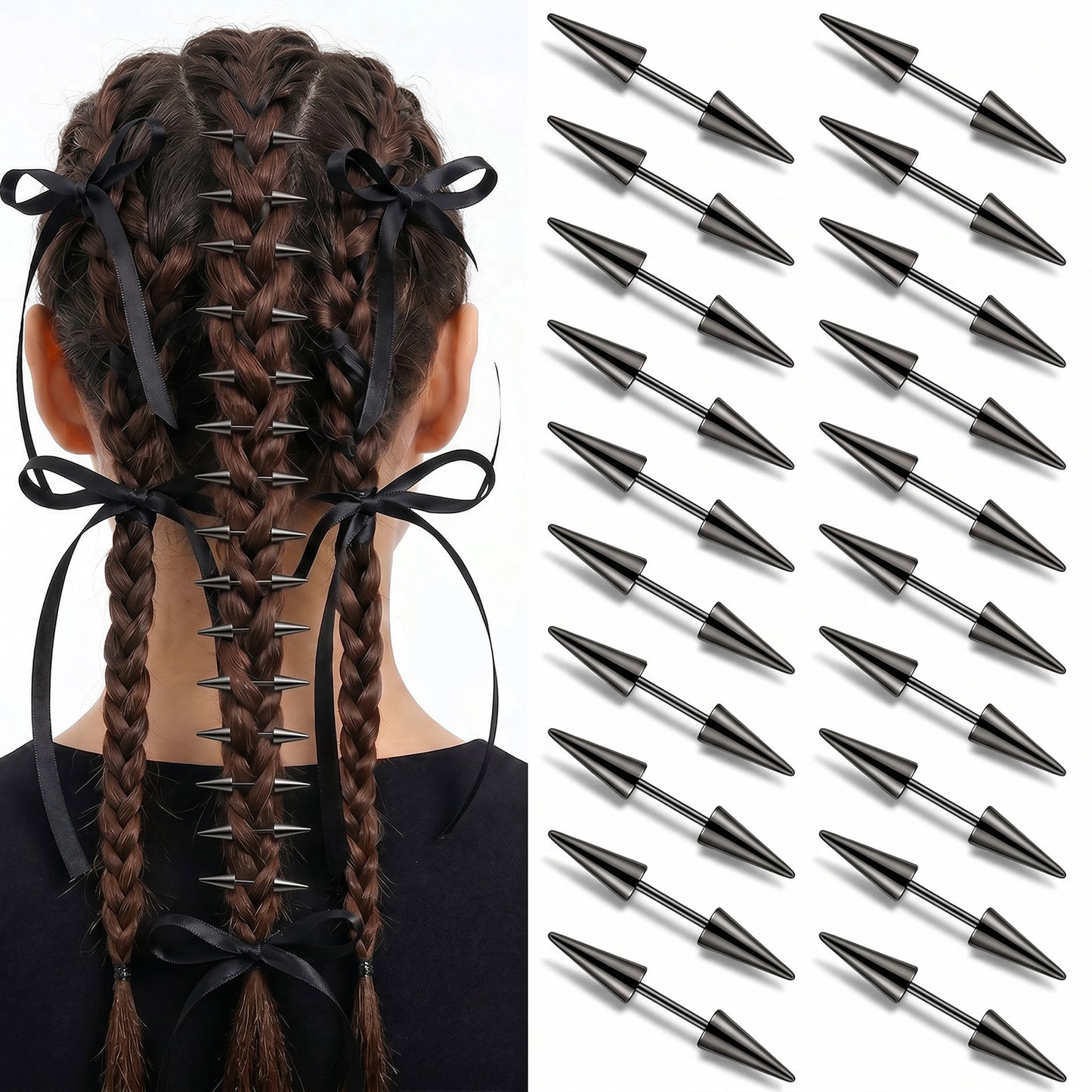 Nogeqi 20 Pcs Hair Spikes Alt Hair Clips for Women, Punk Spiked Emo Style Alt Hair-Accessories, Alternative Hairs Jewelry for Braids, Buns, Black