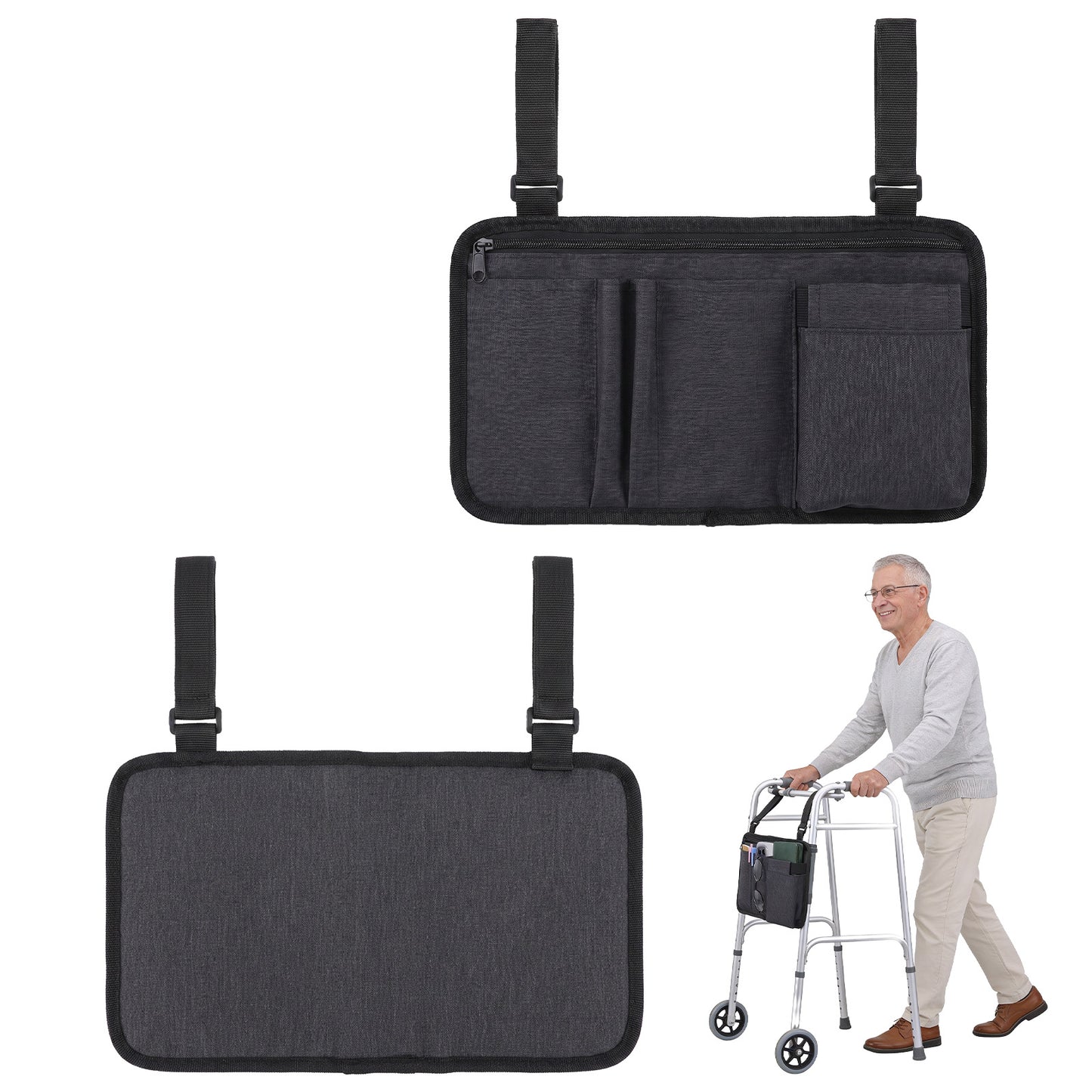 Xindojuz Wheelchair Bag, Wheelchair Storage Pouch Pocket with Cup Holder, Walker Side Bag to Hang on Back, Wheelchairs Armrest Accessories for Seniors, Walkers, Rollators, Mobility Scooters (Black)