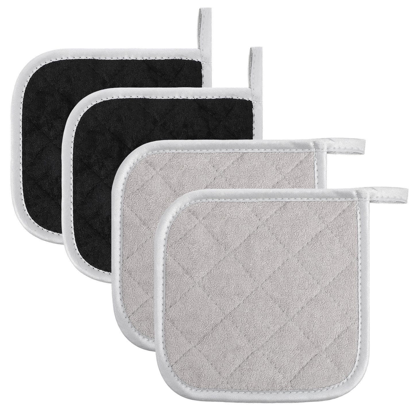 Xinjoduz Square potholder 4-Pack Hot Pads for Kitchen Heat Resistant 6.69 × 6.69 Inch Gray Black Terry Cloth Oven Mitts Essentials Decor Trivets for Cooking Baking Pans Countertops