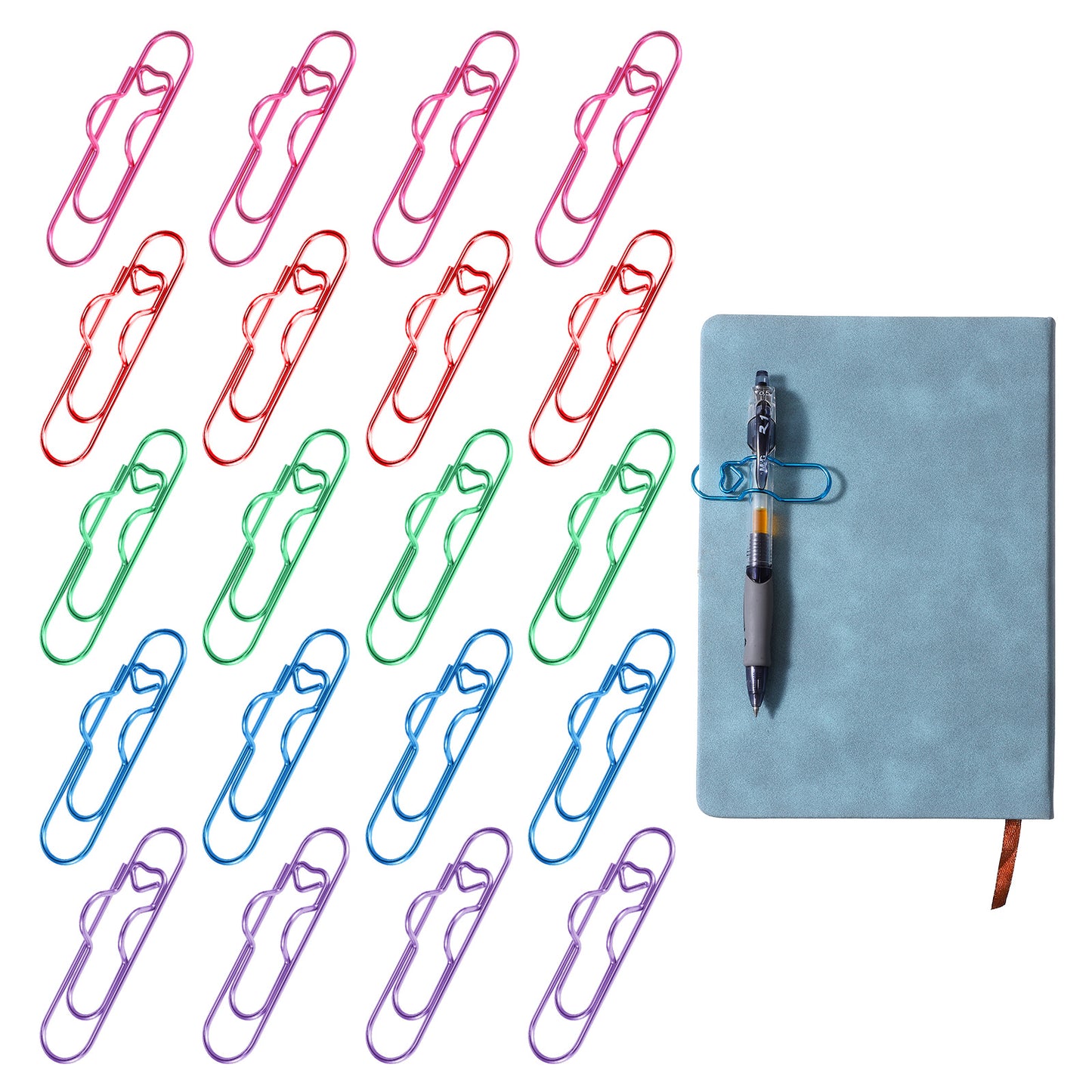 Tyqour 20 Pcs Metal Pen Clip Pen Holder for Notebook Heart-Shaped Paperclip Pen Holder, Colorful Pen Clips for Journal, Office & School Supplies