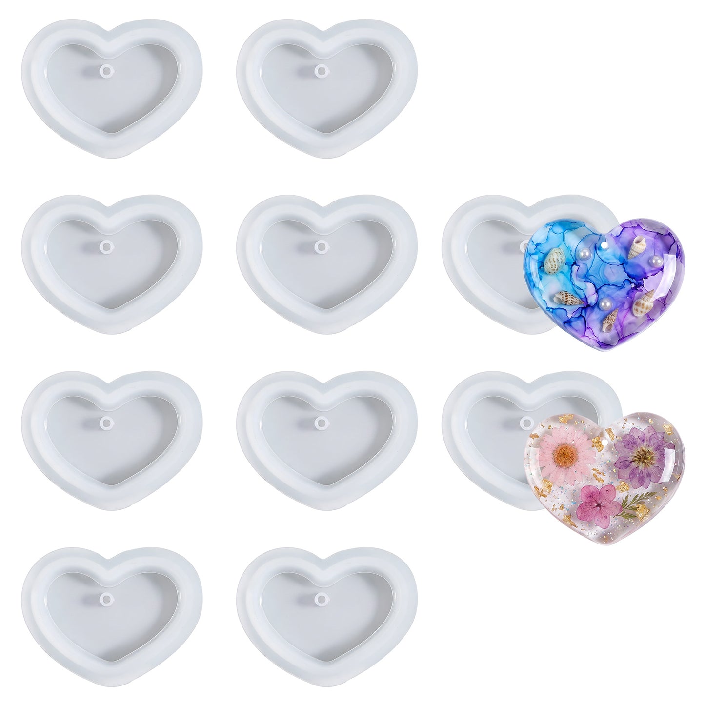 Nogeqi 10PCS Heart Resin Keychain Molds with Hanging Hole, Love Heart Shape Silicone Epoxy Resin Molds for DIY Craft Jewelry Making Pendant Earrings Necklace Keychain Charms Casting Mold