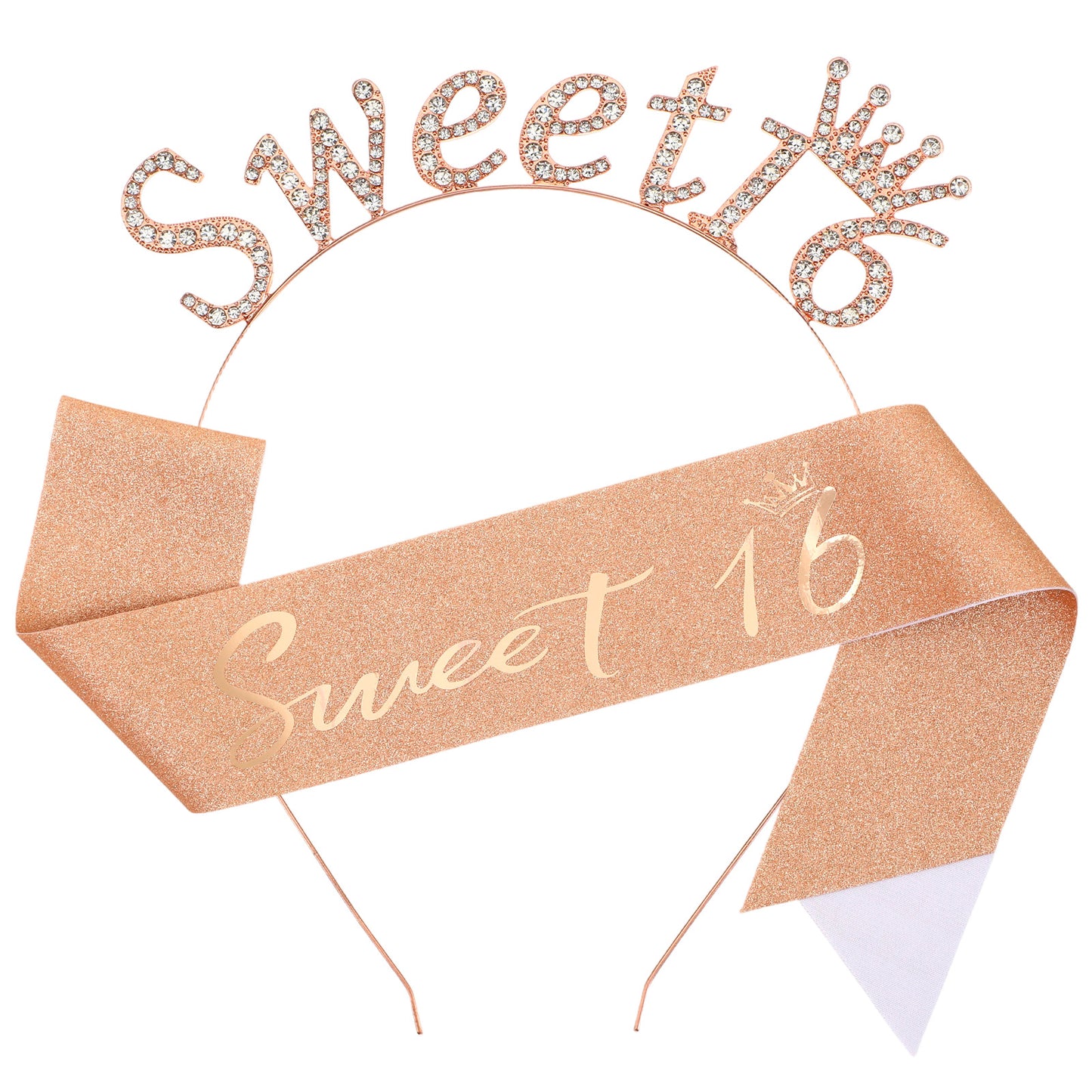 Nogeqi Sweet 16 Sash and Tiara Kit, 16 Birthday Decorations for Girls, Sweet 16th Sash and Headband Birthday Party Supplies for Girls (Rose Gold)