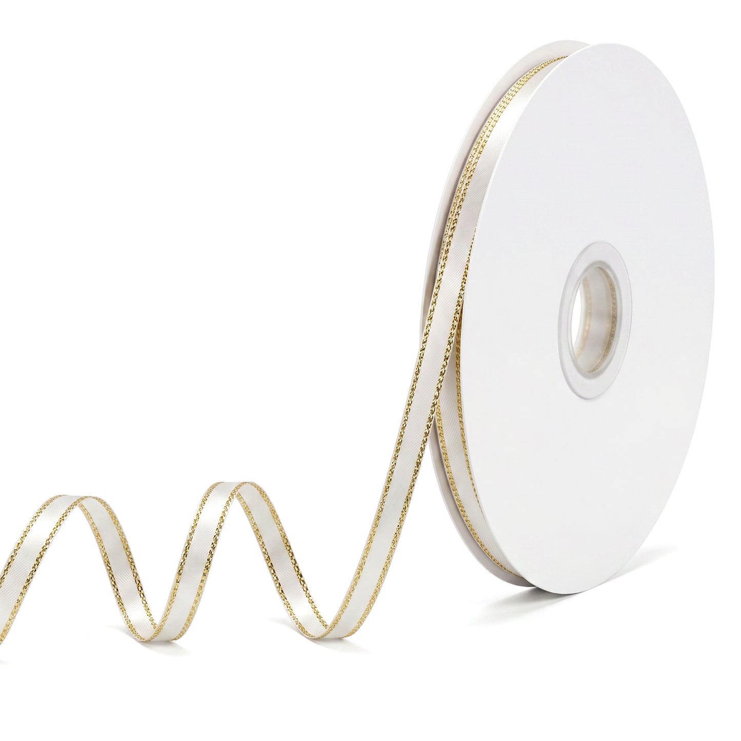 Nogeqi White Satin Ribbon with Gold Edge, Double Faced 1/4 Inch Thin White Ribbon for Gift Wrapping, Flower Bouquet, Wedding Invitation Card Decoration, Christmas Ornaments Crafts, 45.72m