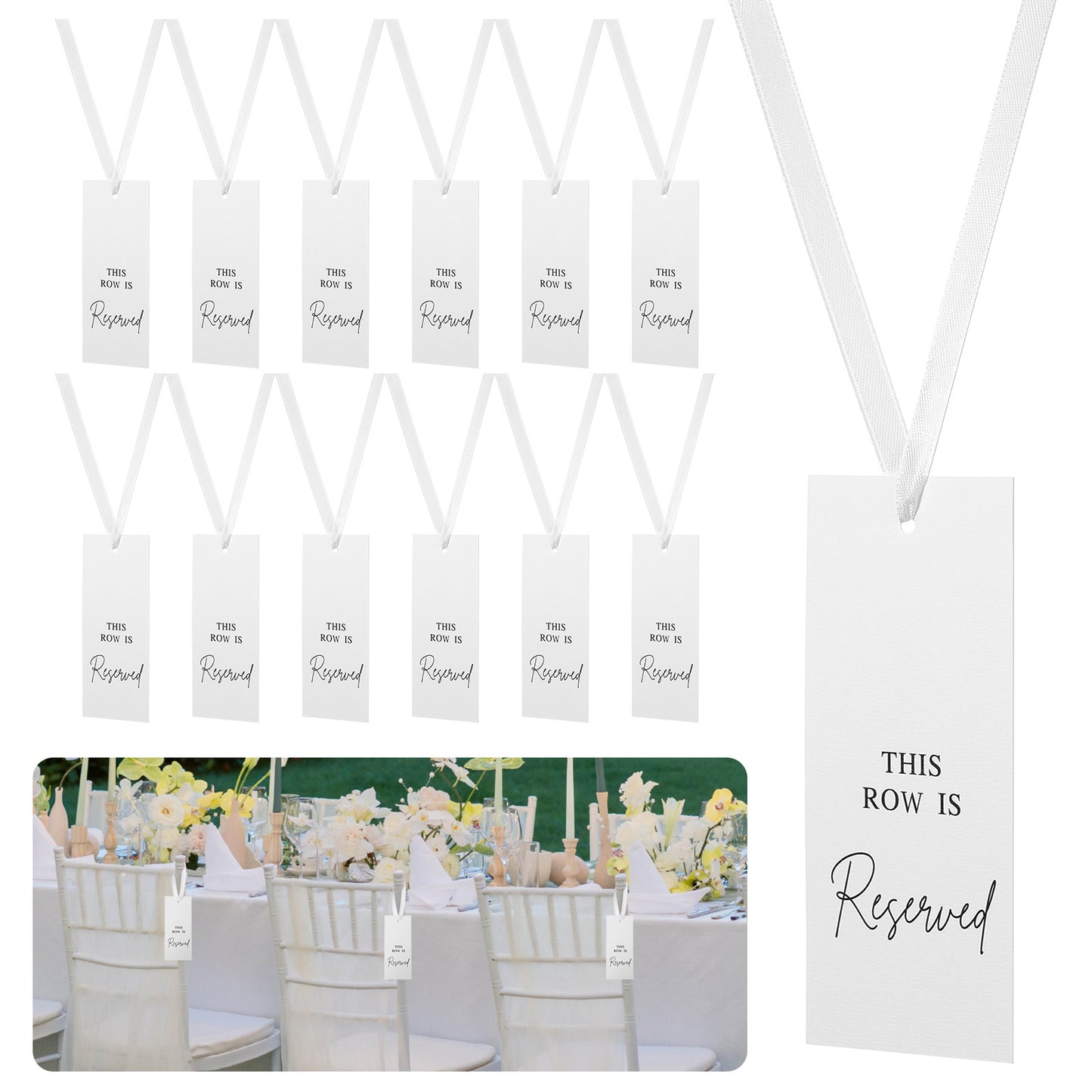12pcs Reserved Seating Signs,Wedding Reserved Table Signs,Elegant White Seating Cards with Ribbon Hangers for Wedding Banquet Party Activities Church Bench Restaurant Location Label Decoration