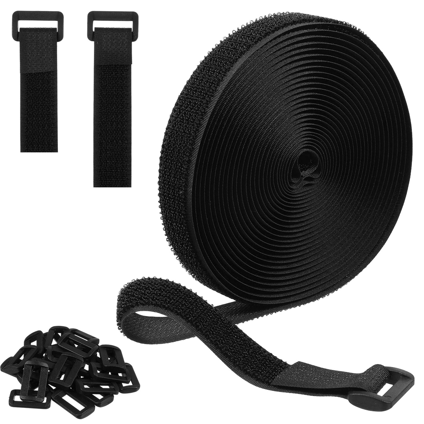 2cm x 5m Hook and Loop Straps with 25 Metal Buckles, Adjustable Fastening Cable Straps, Free Cut Length, Reusable Nylon Cable Ties Securing Cord Ties for Organizer or Storage, Black