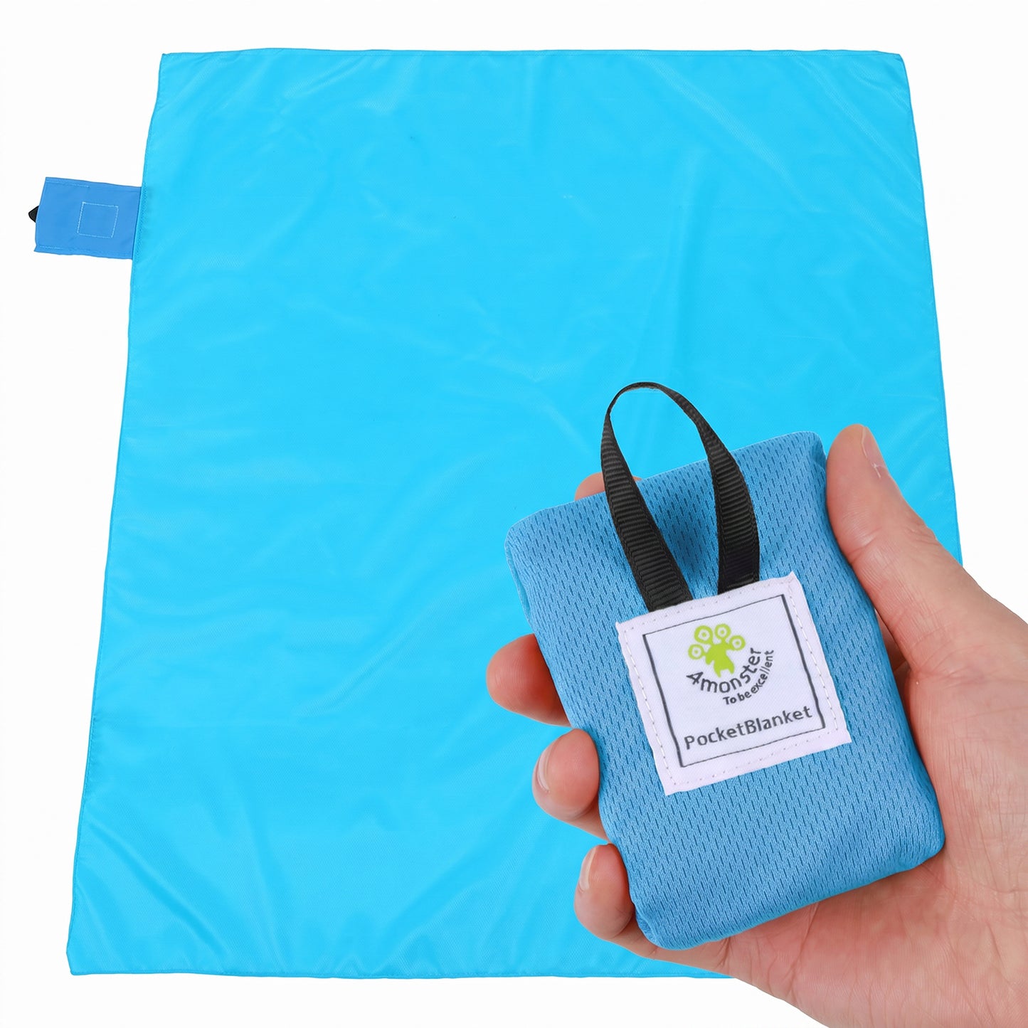 2 in 1 Beach Blanket Waterproof Sandproof Pocket Picnic Outdoor Mat with Portable Bag, 1 People Foldable Sand Free Hiking Grass Ground Camping Music Festival Car Travel Roadtrip Rv Essential (Blue)