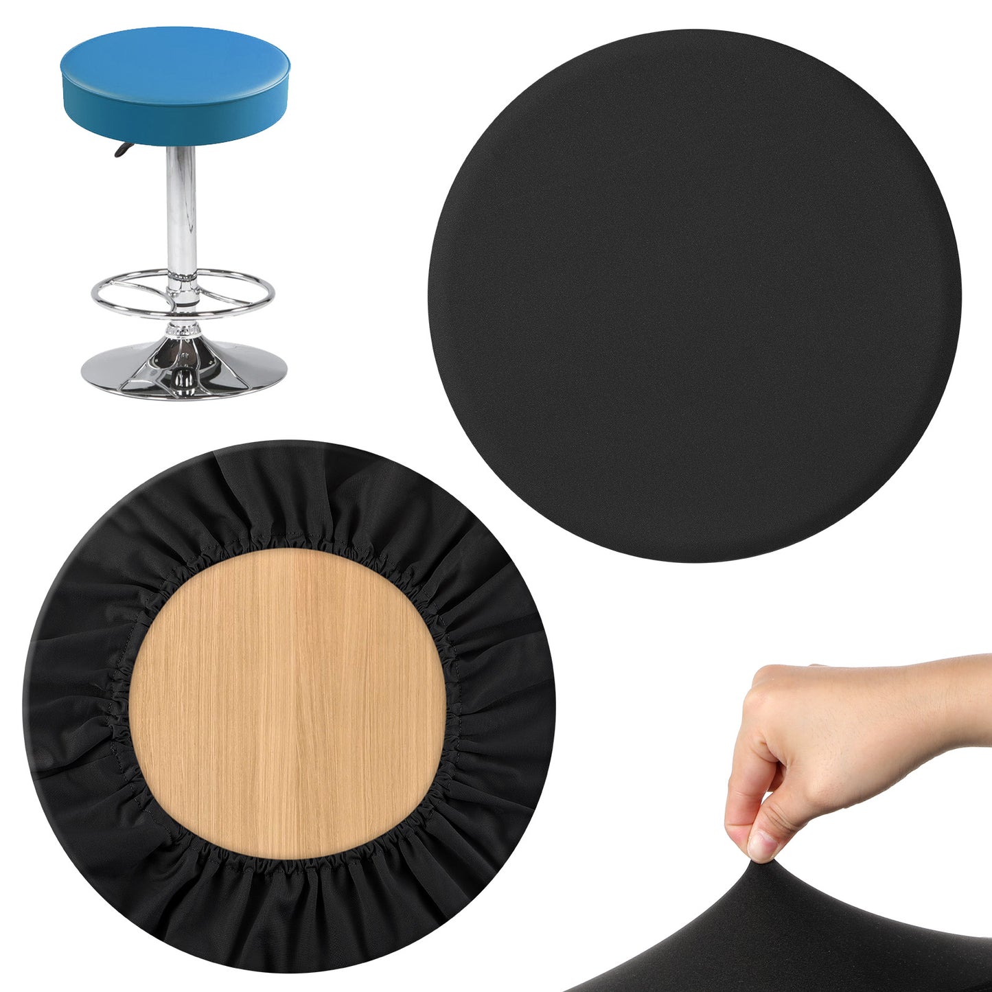 2 Pcs Bar Stool Covers Round Black Elastic Circle Stool Cover Washable Round Seat Slipcovers Dustproof Soft Stools Cushion with Non Slip Bottom for Bar Kitchen Dining Room Indoor 11.8 × 11.8 Inch Poly