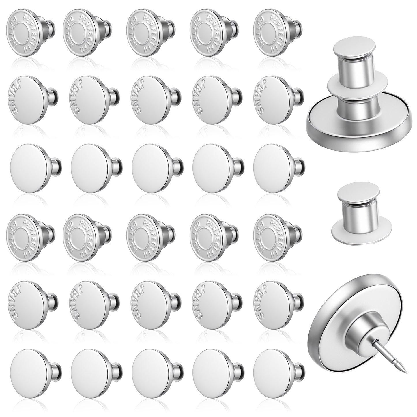 Ouligay 30PCS Jean Buttons Pins for Loose Jeans No Sew Buttons Adjustable and Reusable Replacement Button Metal Pants Waist Tightener Silver