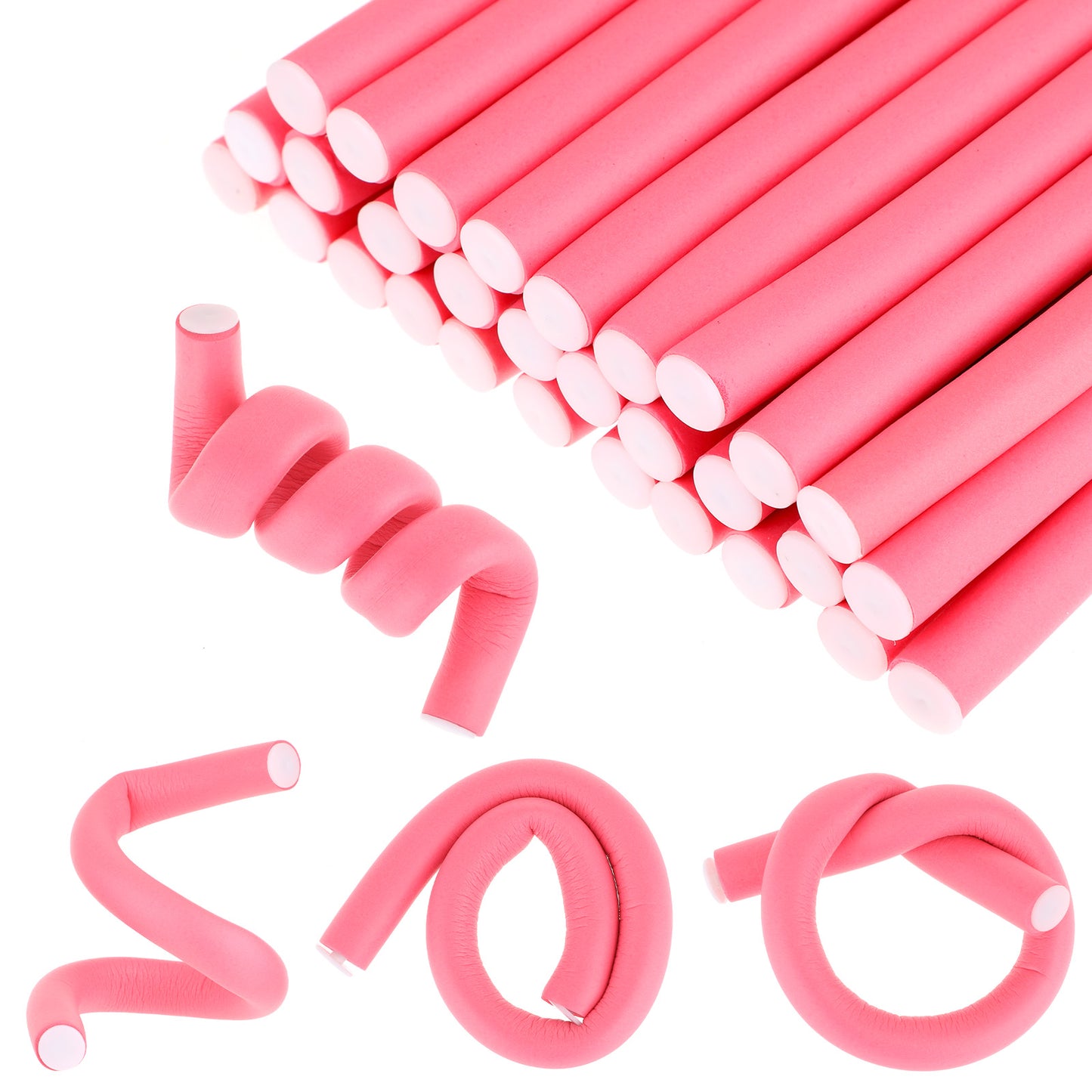 Xindojuz 30 PCS Flexible Heatless Curling Rod, Skinny Small Flexi Rods Soft Twist Foam Tiny Hair Rollers for Tight Curl Women Girls Home Use Long Medium and Short Hair, Pink(10 mm)
