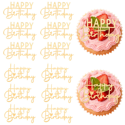 12 Pieces Gold Happy Birthday Cake Toppers Acrylic Cupcake Topper Happy Birthday Sign for Cake Supplies Party Decorations