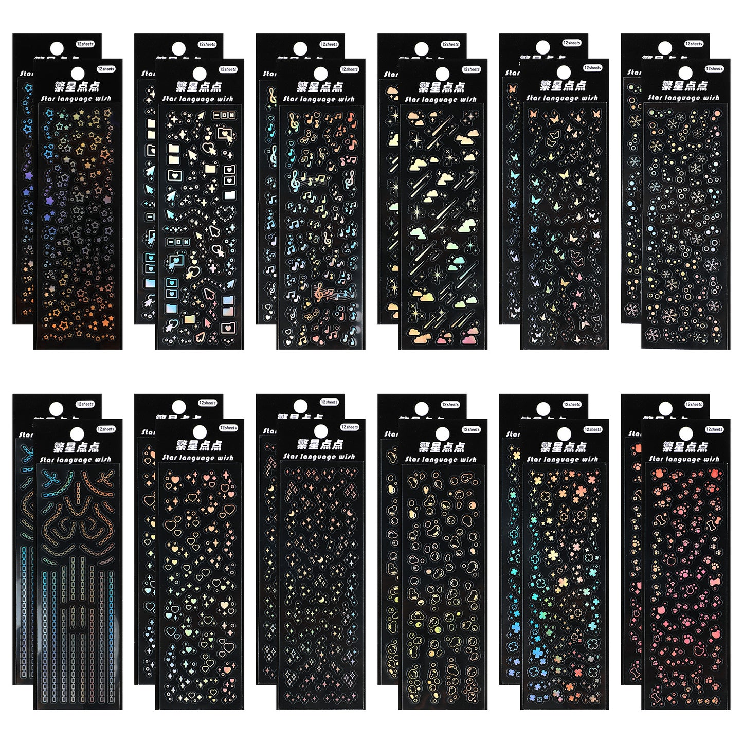 Xinjoduz 24 Sheets Holographic Stickers KpopDeco Korean Stickers for Photocards Self Adhesive Clear Glitter Star Moon Butterfly Bubbles Decals for Album Scrapbook Journal Planner for DIY Decoration