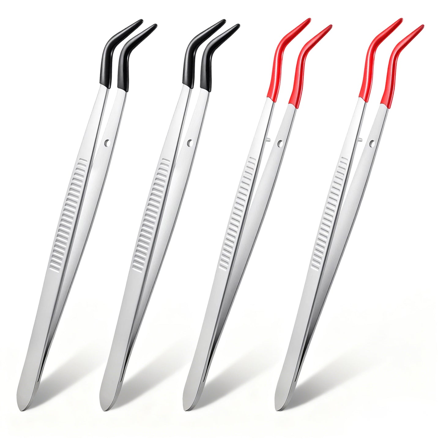 4 Pcs Rubber Tipped Tweezers Set Tweezers Curved Rubber Flat Tip Long Bent Tweezer PVC Coated Stainless Steel Bent Tip Craft Tweezer for Crafts Stamps Coins Jewelry (Red, Black) 6 Inch