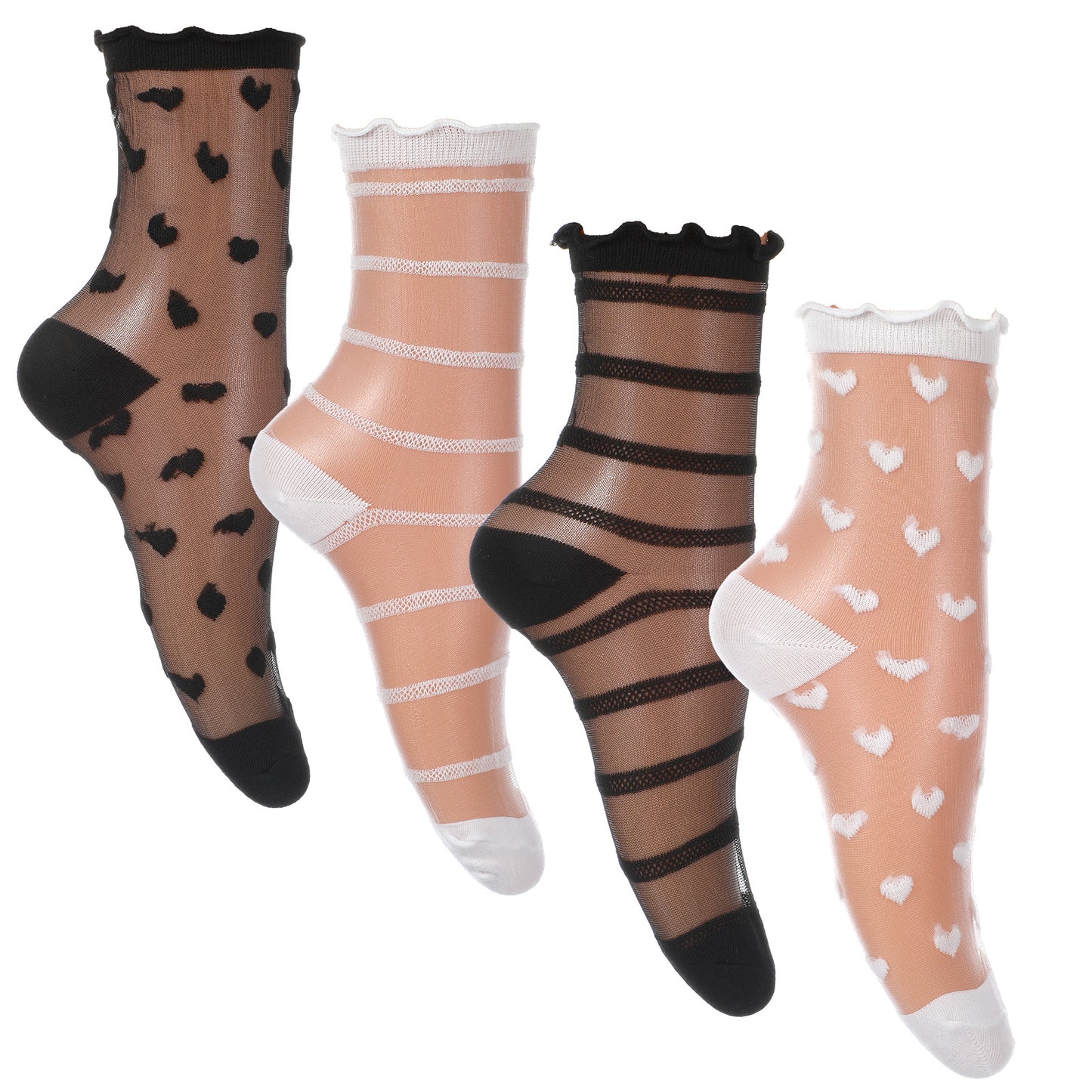 Nogeqi 4 Pair Sheer Socks Women Ankle, Summer Ultra Thin See Through Ruffle Mesh Socks for Women Girls Transparent Heart Striped (Black, White)