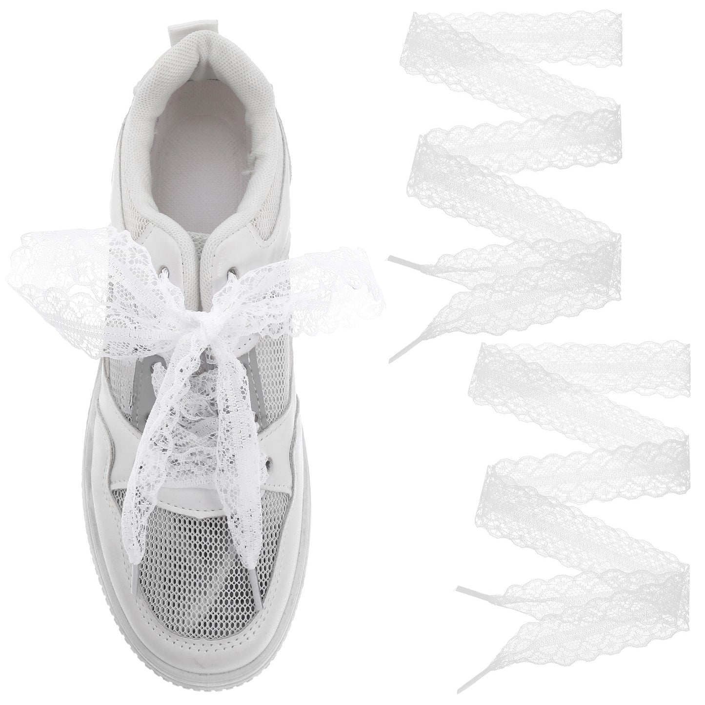 2 Pairs White Lace Shoelaces, 47 Inch Long Decorative Shoelaces for Sneakers, 3cm Wide Fancy Flat Ribbon Shoe Laces for Women, Boots, Casual Shoes, White